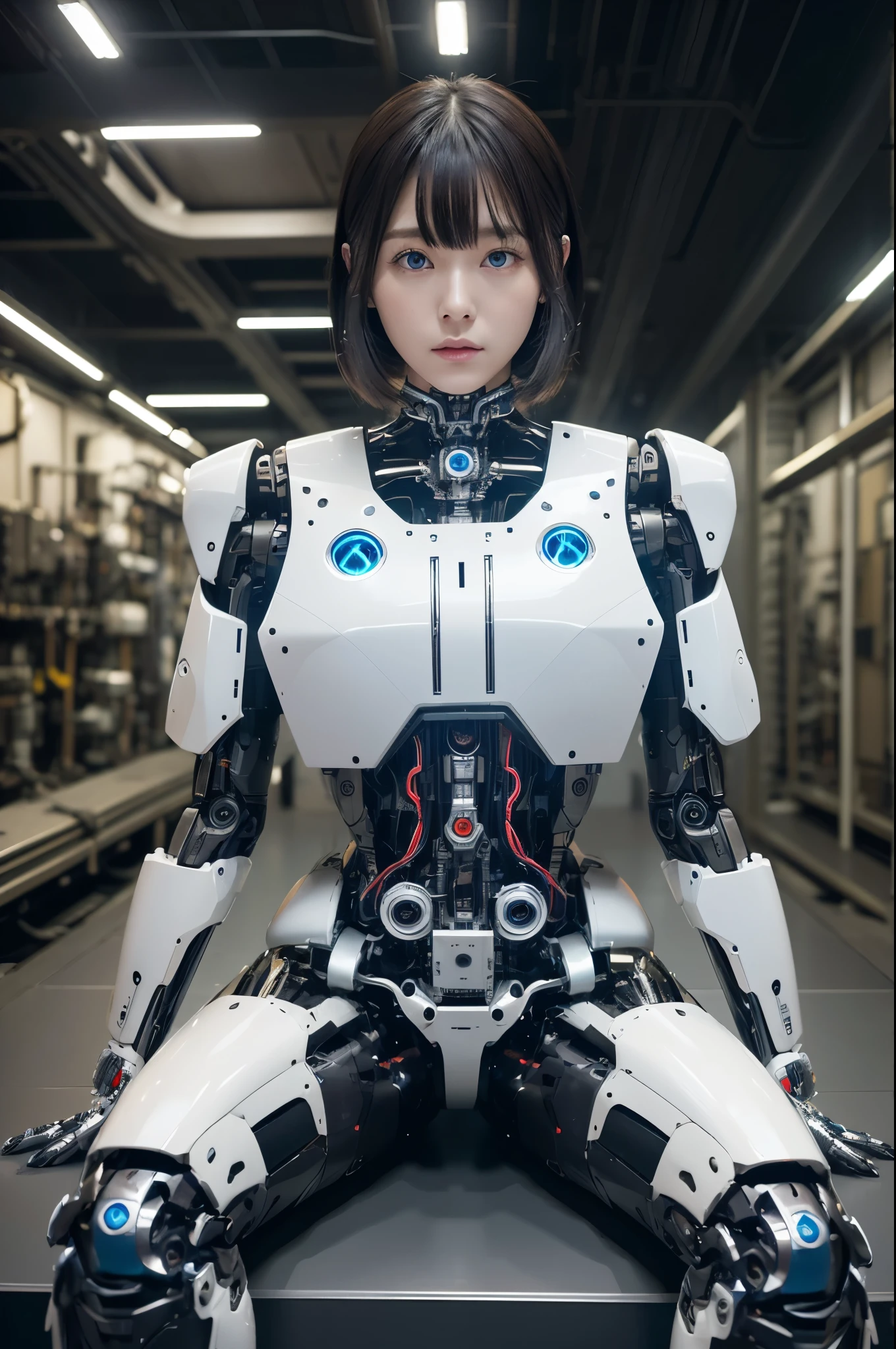 masterpiece, best quality, extremely detailed,8k portrait,Japaese android girl,Plump , control panels,android,Droid,Mechanical Hand, Robot arms and legs, Black hair,Blunt bangs,perfect robot girl,long tube,thick cable connected her neck,japanese cyborg girl ,android assembly plant,connecting a cable between the legs,white robot body,mechanical body,mouton boots,(blue eyes:1.5)