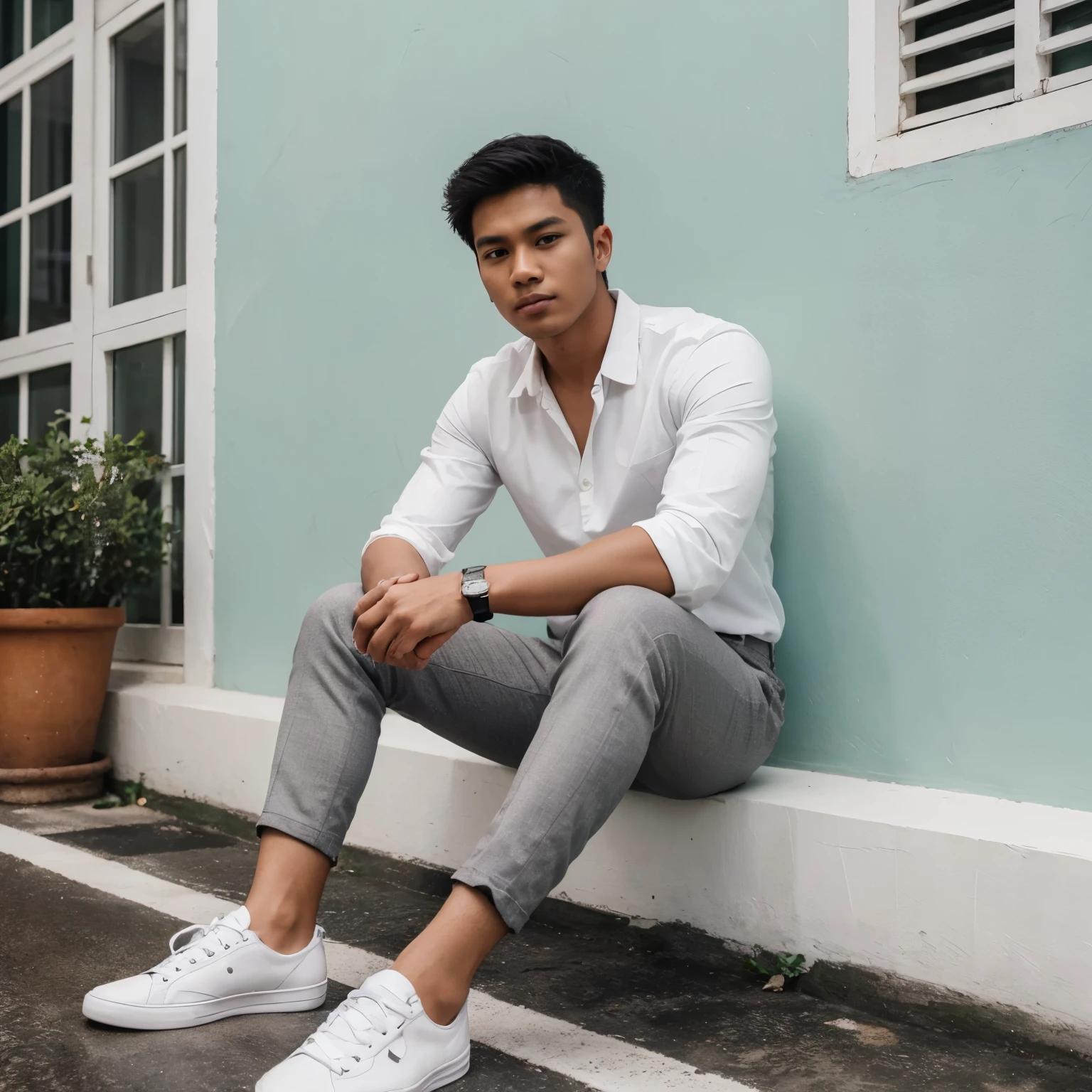 a handsome Indonesian young man wearing a white shirt, gray trousers, white sneakers, sitting leaning against a minty minimalist wall, minimalism photo, precision, realistic photo, ultra HD