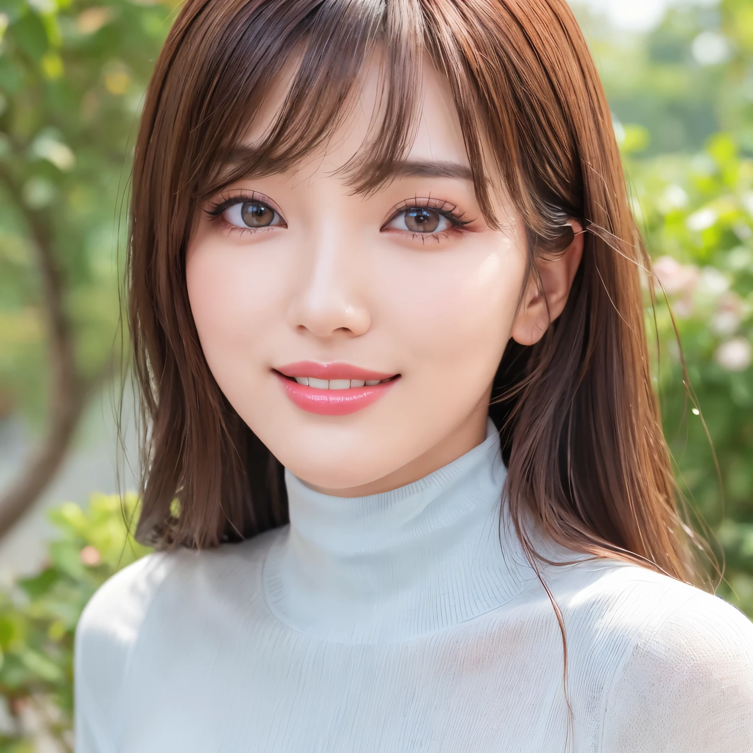 (highest quality、table top、8K、best image quality、Award-winning work)、one beautiful woman、25 years old、(Fixed front configuration:1.1)、(Photo from the front、from the chest up:1.1)、(big and full breasts:1.1)、(emphasize body line:1.1)、(Perfect dark red turtleneck tight knit sweater:1.3)、(upper body photo:1.1)、look at me and smile、(strongly blurred natural park background:1.1)、droopy eyes、natural makeup、With bangs、long hair、Ultra high definition beauty face、(Super high resolution perfect beautiful teeth:1.1)、ultra high definition hair、Super high-definition sparkling eyes、Super high resolution glossy lips、accurate anatomy、(very bright and vivid:1.3)