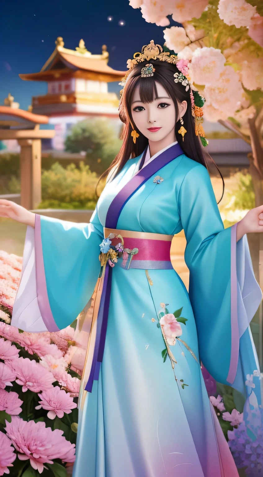 Best quality image: captured in high resolution, delivering a distinct and crystal-clear representation of the scene. Detailed background: a meticulously crafted garden in full bloom with vibrant flowers, adorned by the serene presence of a girl dressed in traditional Hanbok. Under the shimmering moon, the girl poses gracefully, wearing a stunning crown, amidst the colorful flora and fauna. The Dutch angle adds an artistic touch to this wide shot, creating a captivating and immersive visual experience. Splashes of color splashes add to the masterpiece, making it a spectacular and extremely detailed CG unity 8k wallpaper worthy of admiration. (Night setting