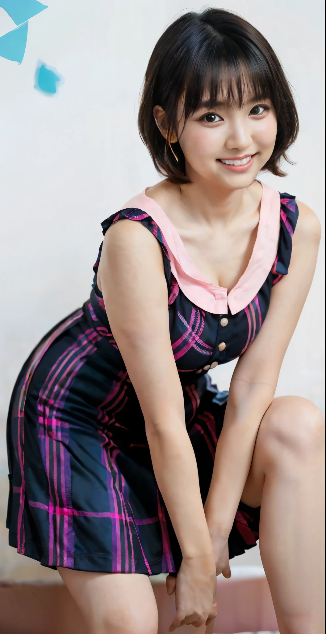 (8K、Raw photography、highest quality、masterpiece:1.2),(black haired、very short hair:1.8),(twin mitsu braid:1.4)、show viewer,Looking at the front,erotic,白いskin,(She is wearing a very short bright pink and light blue plaid dress.。. 。short skirt.:1.7)、(pink fishnet stockings:1.4)、(Clothing that emphasizes the shape of your chest、publish one'skin:1.8)、(big breasts :1.4)、slim body shape、ultra high resolution,beautiful,beautiful fece,(alone、no background:1.9),whole bodyボディー,japanese woman,(Photoreal:1.37)、photon mapping,reality、(Baby-faced and cute: 1.4)、(cute smile: 1.7)、(With a round face: 1.7)、radio city、Physically based rendering、depth of field rally background、photograph, (I can see your knees、spread your legs wide、close up of thighs:1.6),whole body、super fine
