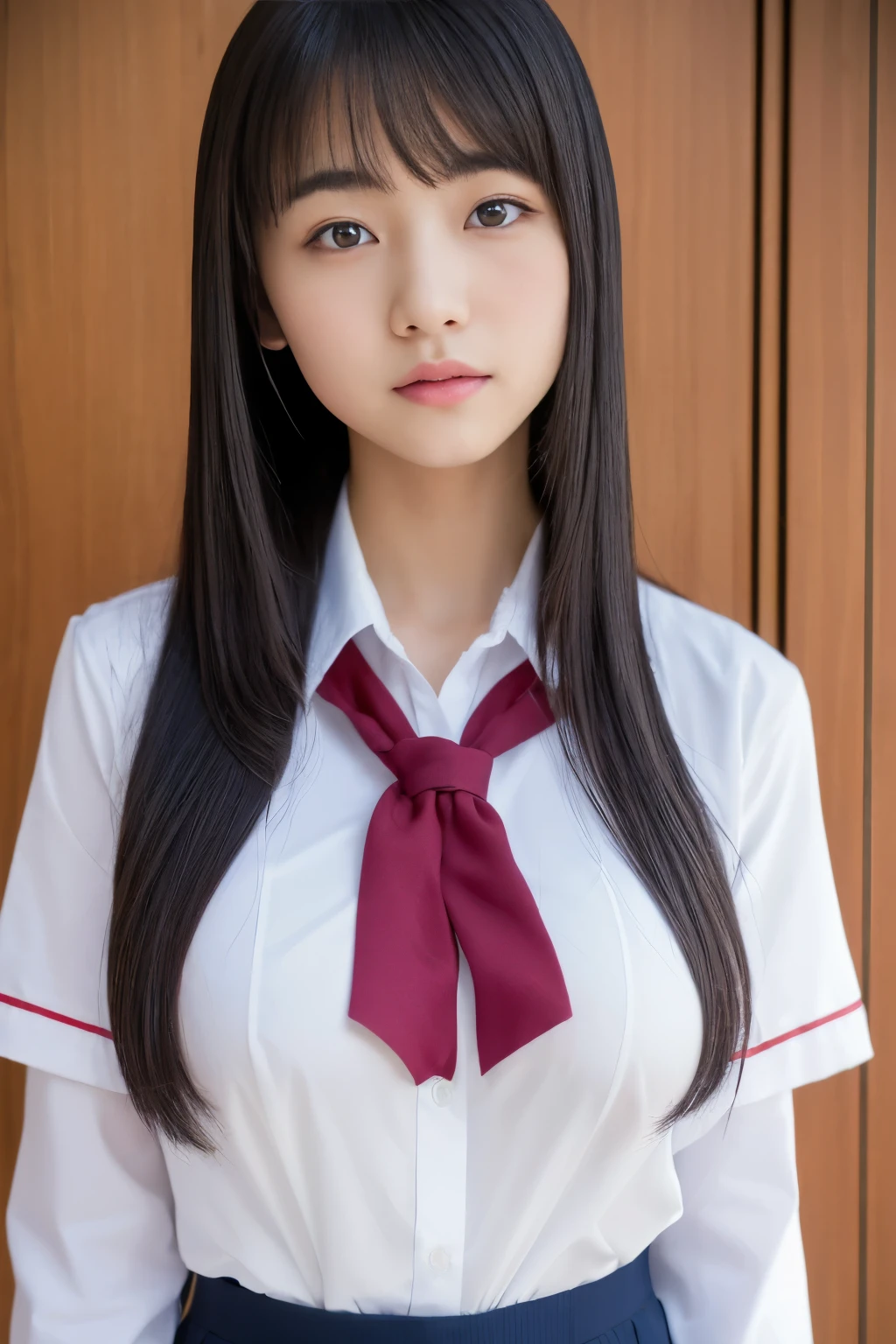 (8K high image quality), (top-quality), (RAW image quality),(masutepiece:1.2), (Realistic), (Photorealistic:1.37), ,largeeyes,long eyelasher,(Live-action realistic style),The Ultimate Face,Photorealistic light and shadow,Clear facial features,,Fair skin, ),Best portraits, 1-girl,Beautiful detailed eyes,highlydetailed skin,(Young face), (Realism: 1.4),((fullbody image)) ,delicate and beautiful face,,Female around 17 years old,(Beautiful Face 1.4),White Sailor Shirt,low-rise panty,(Show your sad face to your audience),red lipsticks,((Shot in the classroom)),(Sit down while showing panties),panties fully visible.Red color panties,(I like to show my panties to viewers),(Show your panties to your audience),((Japan schoolgirl uniform)),red lipsticks,Lame around the eyes,(Japan schoolgirl in uniform),Wearing long black boots,thigh high boots,Queen,huge tit,H-cup
