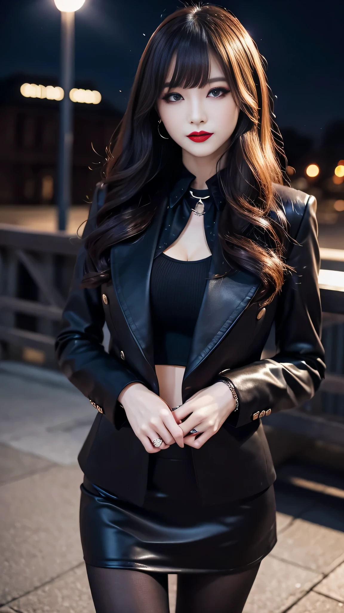 Super detailed、Japanese、charming beauty、seductive adult woman、Beautiful woman、sharp eyes、cool girl、wavy hair、flowing bangs、suit、Jacket、blouse、Tight Skirt、pantyhose、beautiful feet、evilの幹部、evil depravity、darkness、brainwashing、Mind control、lipstick、grin、evilな表情、evil、empty eyes、evil、church at night、vampire、Succubus、vampire、lipstickを塗るメイクブラシ、Hypnosis