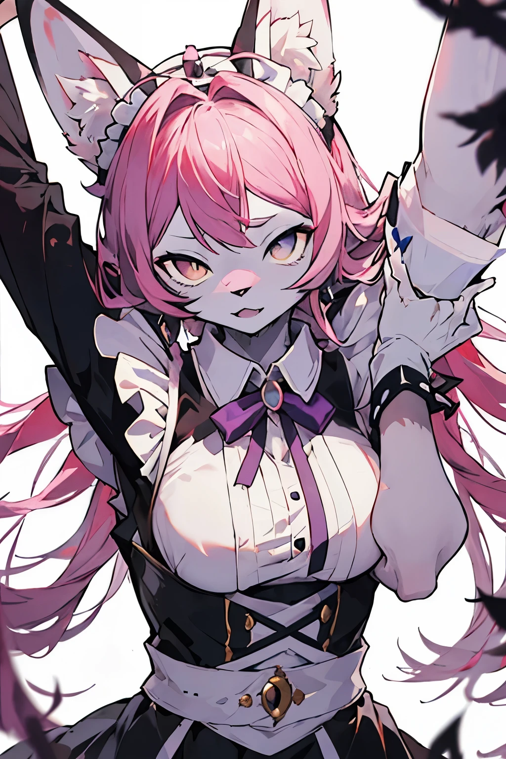 uma personagem furry no estilo anime. Slender, lithe body with hairy strength, pelagem em tons de roxo e rosa, delicate features, olhos violeta profundos, flowing silky hair, dressed as a maid with an impeccable uniform in shades of purple and pink.