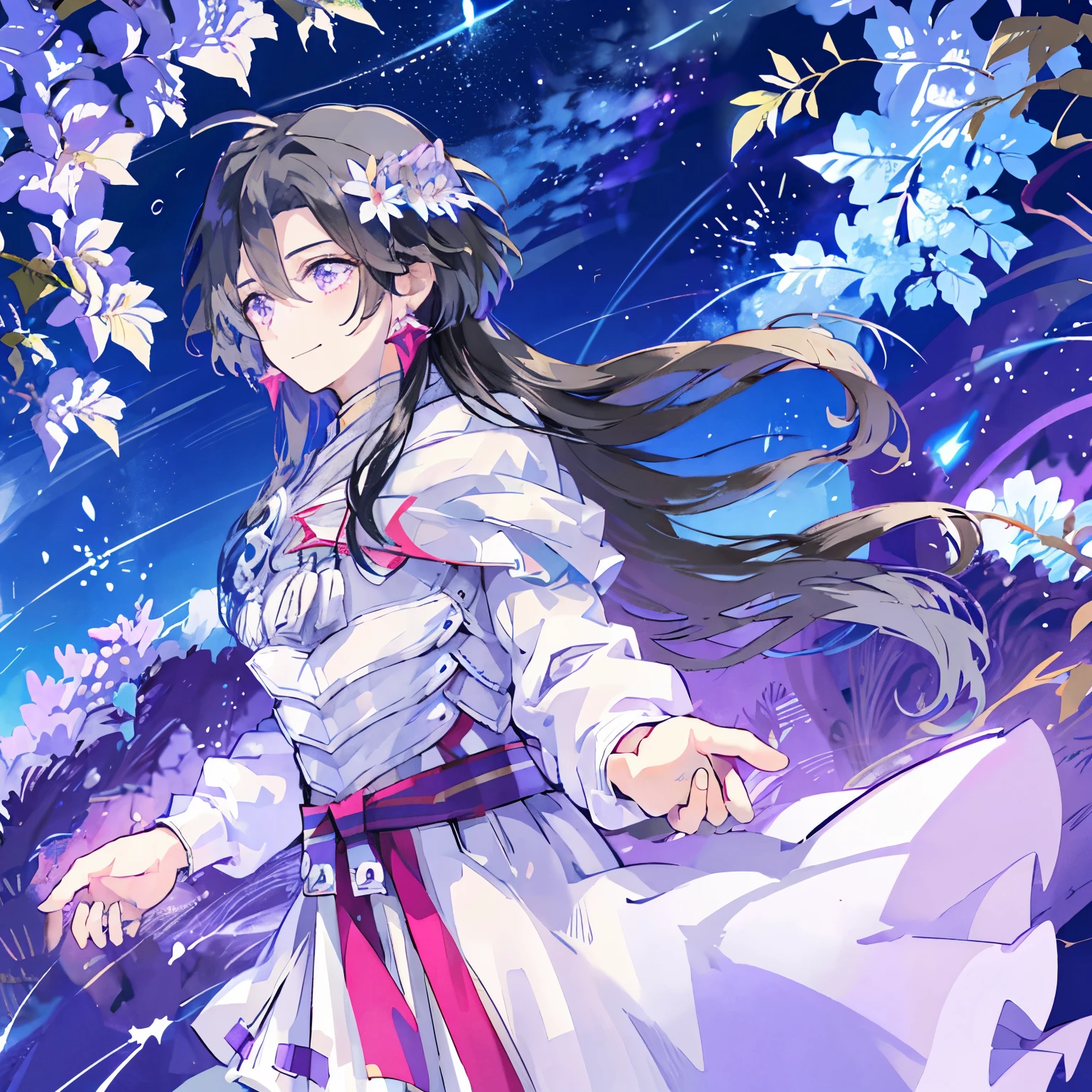 magic effect、wizard、detailed、In the sea、A lot of wisteria flowers are blooming、long black hair flowing in the wind、Quiet smile、modest joy、mature man、blue and purple pastel colors、Someone's left hand reaching out from the left side of the screen、