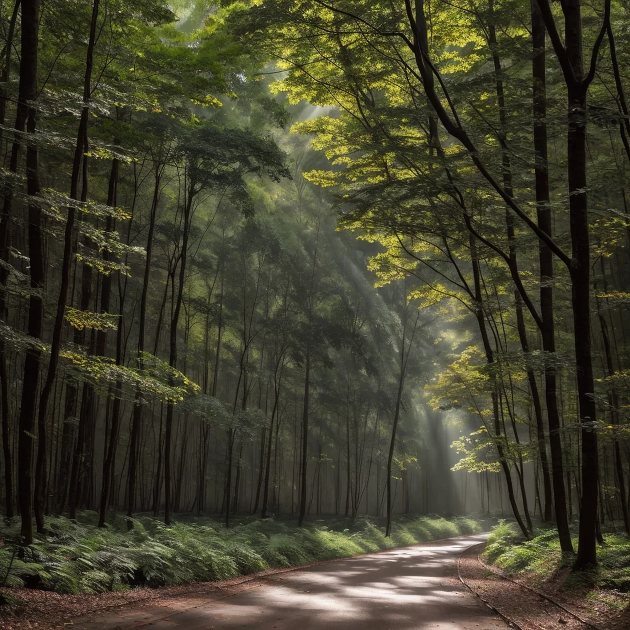 Description: In a secluded forest, a ray of sunlight pierces through the dense canopy, casting an ethereal glow on the forest floor. Amidst the towering trees, mysterious shadows seem to come alive, whispering secrets to those who dare to listen. Capture the enigmatic allure of these whispering shadows and the interplay between light and darkness in this mystical setting.