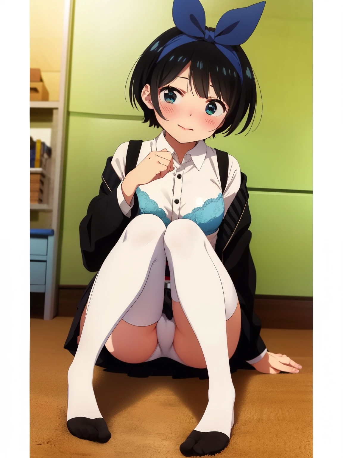 1girl in, (Ultra-high image quality,masutepiece:1.2), spread legswide,plaid skirts,,White panties,Smiling,on the beds,(Black socks:1.4),8k,sarashinaruka, Sarashina ruka, Long hair, Bangs, Black hair, (Purple eyes:1.2), BREAK shirt, Long sleeves, Dress, bow ribbon, , White shirt, Collared shirt, Belt bag, Neck ribbon, Blue Dress, Green Ribbon, pleated dress, grey dress, Two-tone dresses, Blue belt, Lycoris Uniform, masterpiece、top-quality、best、超A high resolution、intricate-detail、An ultra-fine illustrations、perfect anatomia、Correct anatomy、perfectly proportions、Full body of one 、face perfect、Hands are2、perfect hand、The feet are in2、perfect leg、4 fingers and 1 thumb、Perfect fingers、18year old、1 girl、Full body from head to leg、full bodyesbian、、Thin leg、sitting down on the floor、Put on the floor、laying on back、Opening legs、Inter-strands、Lying on a white bed facing the front、Slender feet、legs slightly open、Sleeping in a big letter、Legs are spread、Panchira、Full body portrait、Panting face、red blush、Embarrassed look、A slightly sad look、white panties、Pure white panties、Black_Stockings、black transparent stockings、Black knee socks、Black Knee High、Black stockings、Black pantyhose、Black Lace Pantyhose、black lence stockings、Black light pantyhose、Black transparent pantyhose、No frame No shoes、No shoes on、classroom fullbackground under stockings_Pure white_panties on、Pure white underwear、Pure white panties、Panties are visible from the skirt、I took off my skirt、I don't wear a skirt、Pure white bra、Japanese high school students、Bedrooms、in a house、during daytime、()、((full body Esbian))、masterpiece、(top-quality), in the classroom natural light, full background, frameless