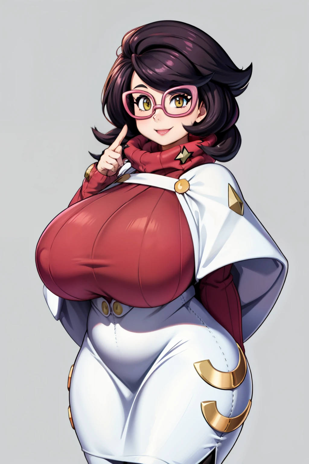 wicke_\(pokemon\), huge_breasts, turtleneck sweater, white capelet, white skirt, smile, glasses,