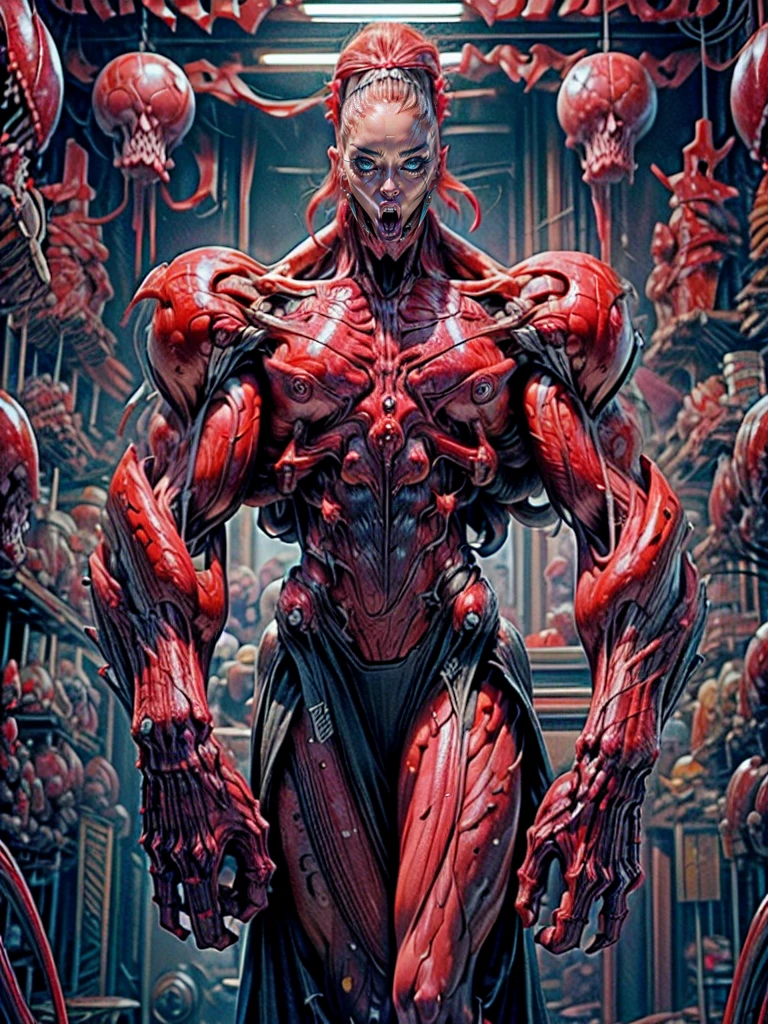 (1 girl), (megan fox:1.25), (long red hair), (carnage skinless physique:1.25), (1 super muscular undead skinless succubus with gigantic horns:1.25), (covered in red necrotic rotting skinless muscle:1.25), (exposed muscles & veins everywhere:1.25), (perfect fingers:1.25),(8k, RAW photo, photorealistic:1.25), dark horrific scary atmosphere, hellish landscape, Hellraiser like atmosphere,