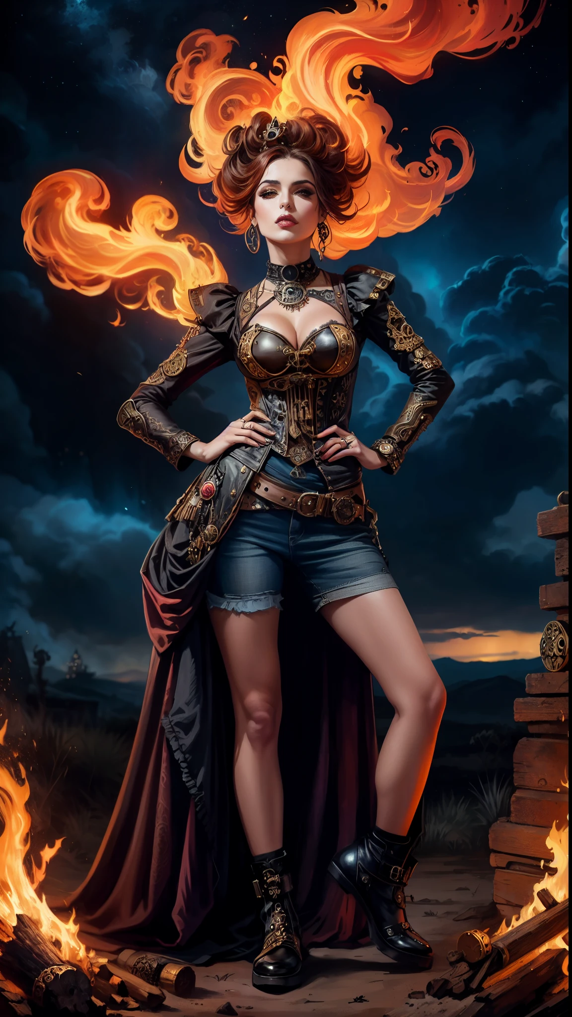 Mujer arafed disfrazada de calavera y llamas., malvada mujer piromante steampunk, Steampunk Chandra Reina del Fuego, steampunk fantasy style, la reina del fuego, ella tiene poderes de fuego, usando llamas antidisturbios, vestido hecho de fuego, diosa del fuego, fantasy genre portrait, Dark and gloomy steampunk fantasy, the diosa del fuego, una hermosa diosa steampunk