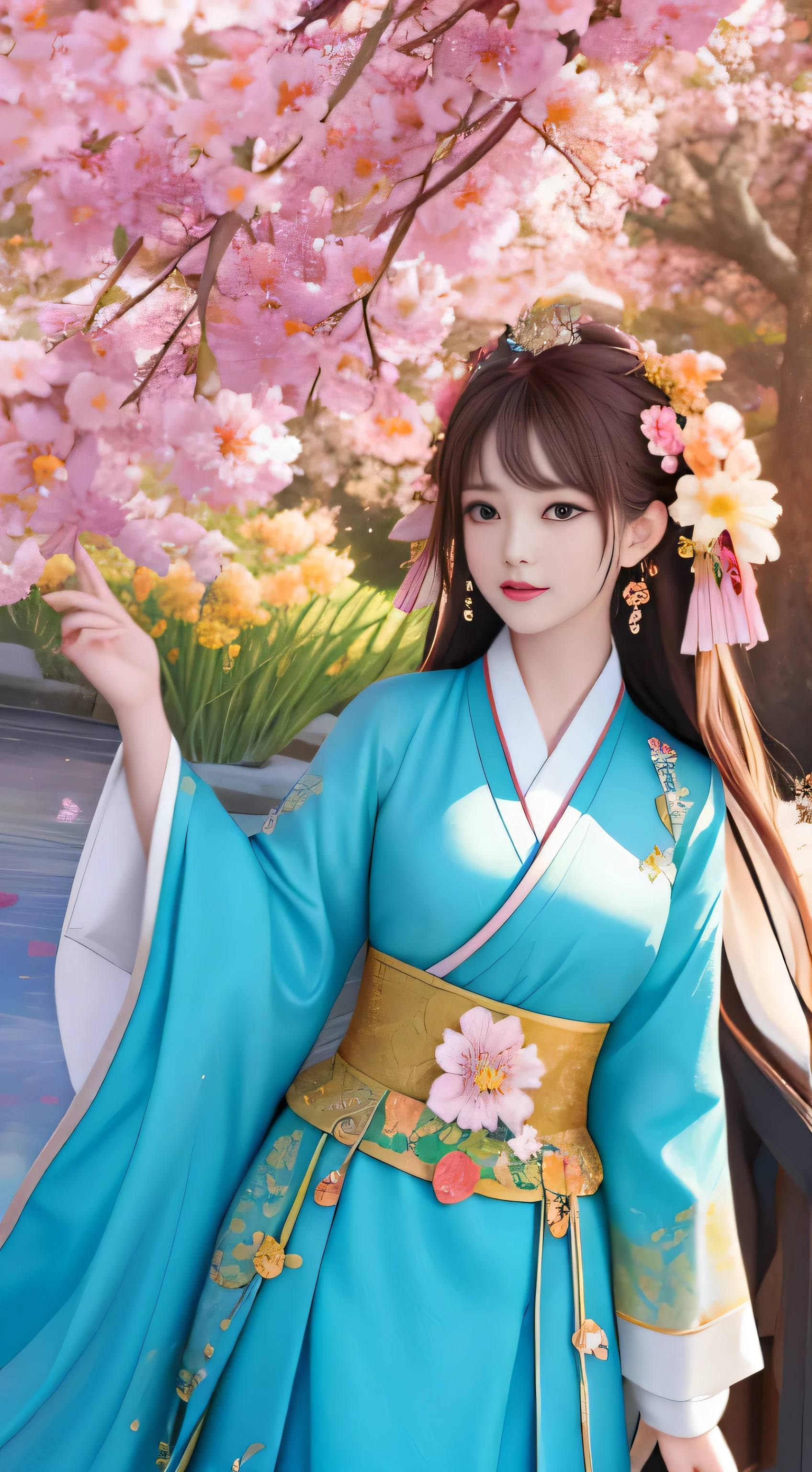 Best quality image: captured in high resolution, delivering a distinct and crystal-clear representation of the scene. Detailed background: a meticulously crafted garden in full bloom with vibrant flowers, adorned by the serene presence of a girl dressed in traditional Hanbok. Under the shimmering moon, the girl poses gracefully, wearing a stunning crown, amidst the colorful flora and fauna. The Dutch angle adds an artistic touch to this wide shot, creating a captivating and immersive visual experience. Splashes of color splashes add to the masterpiece, making it a spectacular and extremely detailed CG unity 8k wallpaper worthy of admiration. (Night setting