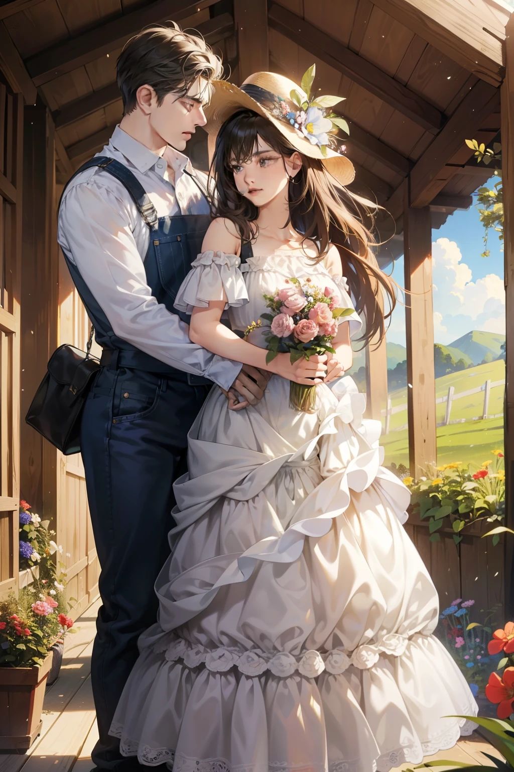 (ultra-detailed, cartoonish style --s2), (1 man and 1 woman, standing in a farm), a man with a tall and perky build, wearing overalls and a wide-brimmed hat, (a woman in a flowery dress, carrying a mismatched suitcase), her face expressing determination, (both characters facing each other under the bright and sunny sky),
(ultra-realistic rendering, masterpiece quality), the man's hands on his hips, showcasing the muscles in his arms, (the woman's dress billowing gently in the wind, revealing the intricate patterns), the details in the background of the barn and rolling hills, (
