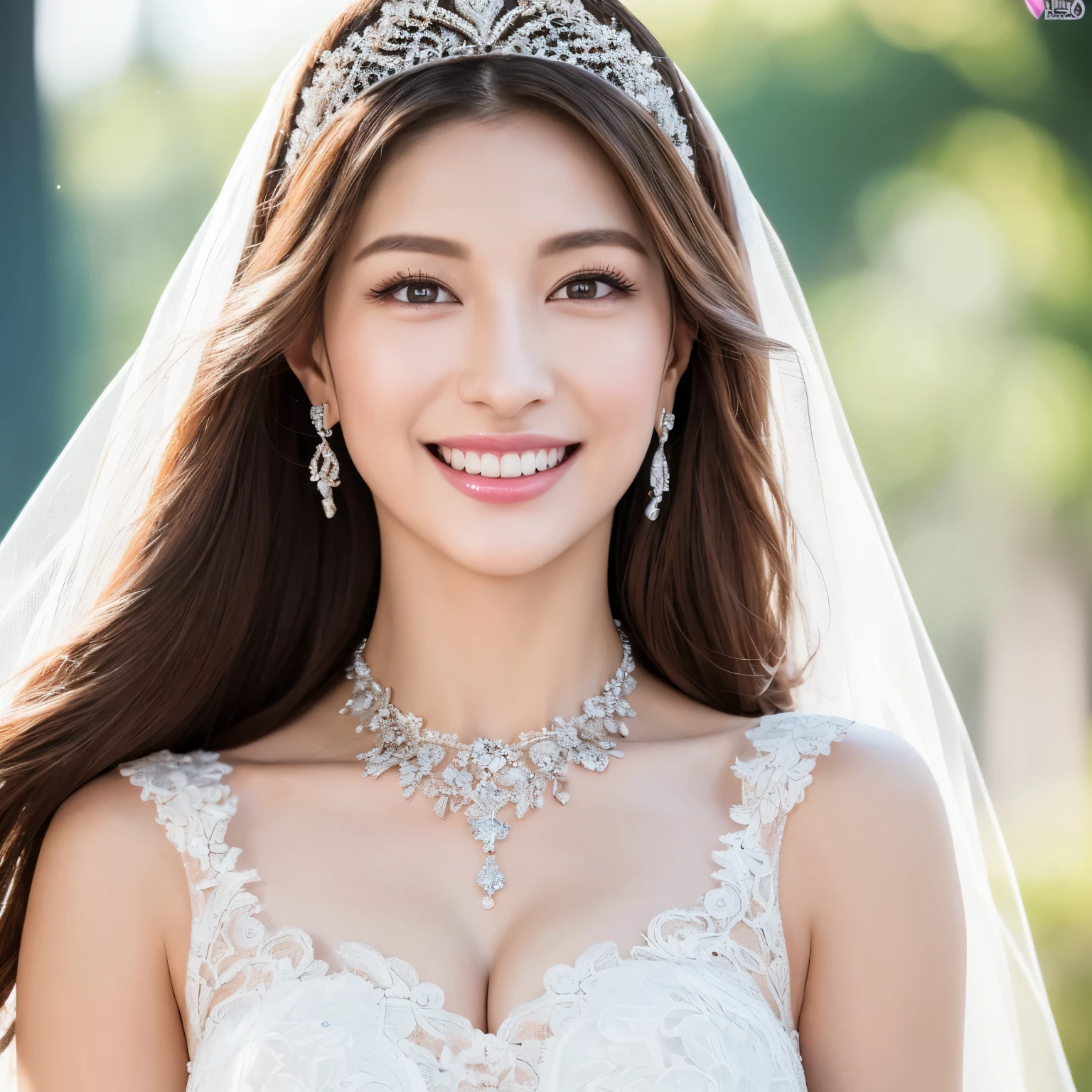 (highest quality、table top、8K、best image quality、Award-winning work)、one beautiful bride、(alone:1.1)、(The most extravagant and finest huge wedding dresses:1.1)、(perfect wedding lace:1.2)、(The most luxurious and finest giant tiara:1.1)、(The most luxurious and finest giant necklace:1.1)、look at me with the best smile、Large quantity of finest jewelry ornaments、(full body photo:1.3)、perfect makeup、long eyelashes、Super high-definition sparkling eyes、ultra high definition hair、ultra high resolution glossy lips、Super high resolution perfect teeth、Beautiful face in super high resolution、(accurate anatomy:1.1)、(Beautiful skin that shines very brightly:1.2)、(very bright and vivid:1.2)