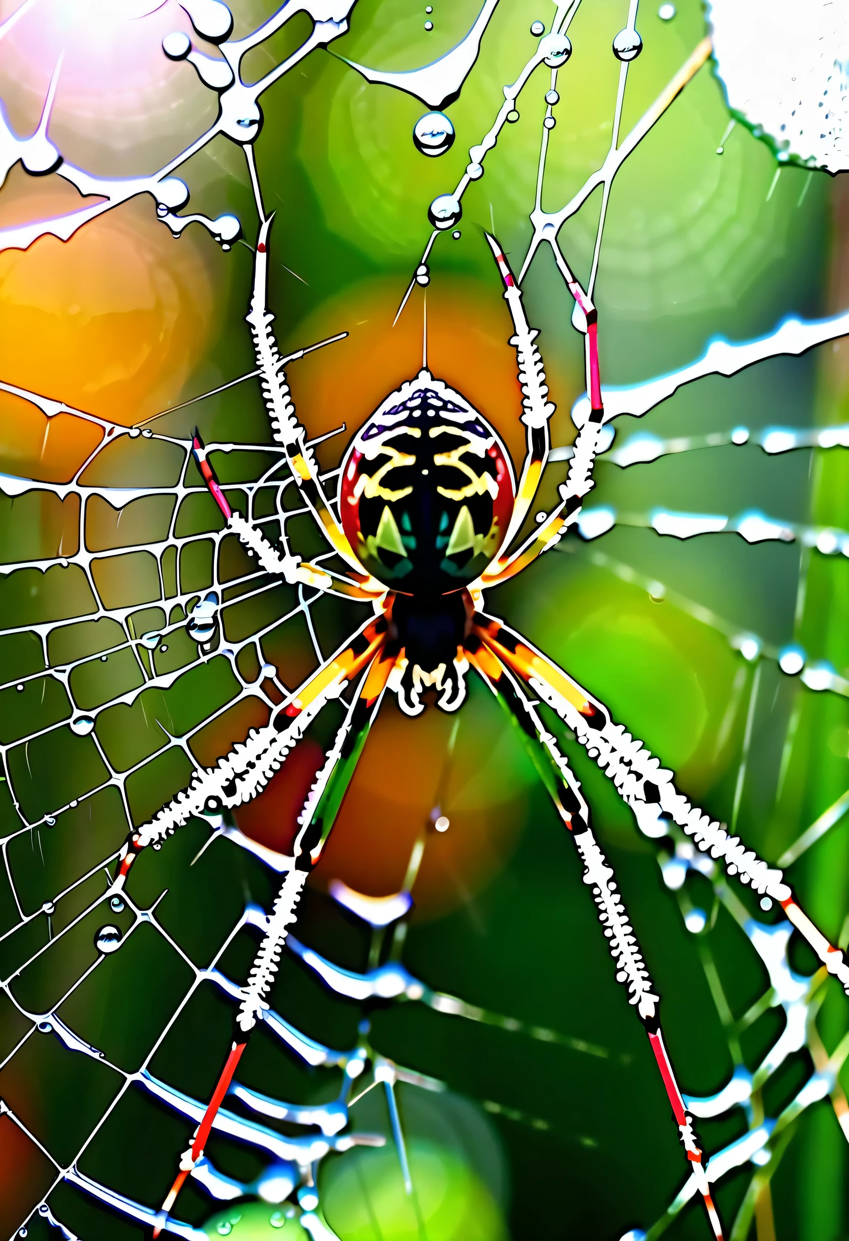 short term, Macro shot of a spider in its web, dew drops, dew drops, 32k uhd --ar 4:5