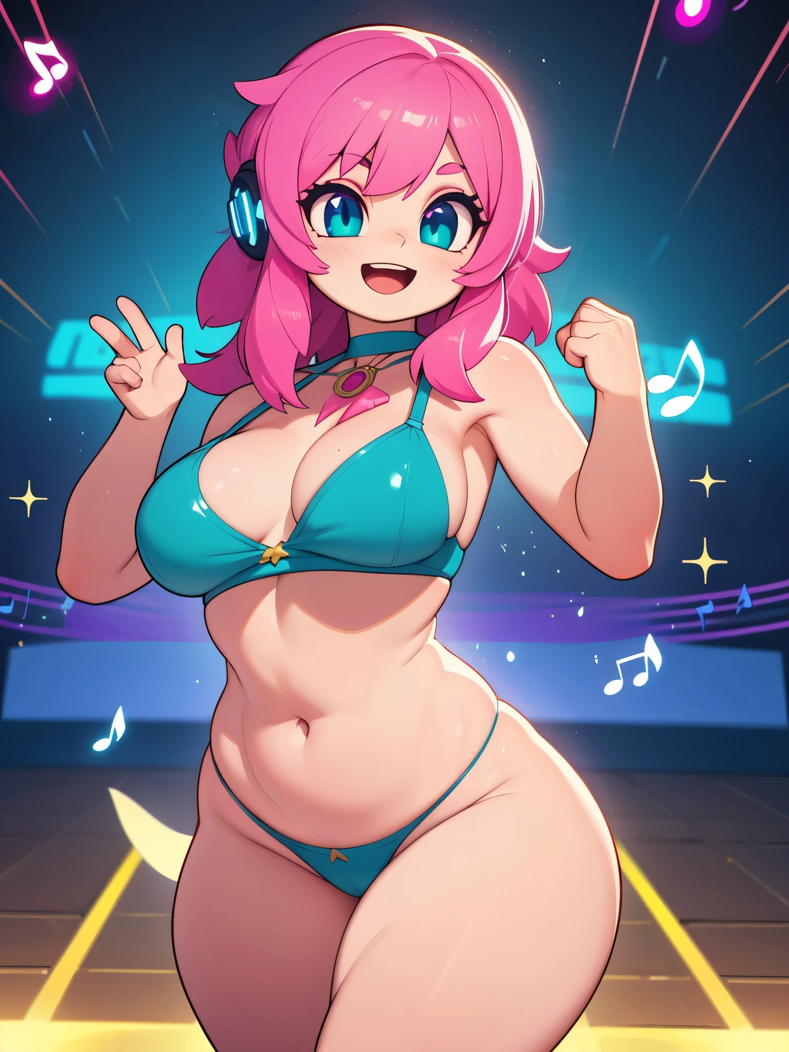 Masterpiece, Hyper detailed, Best quality, UHD, Ultra high resolution, (16K), (((3D))), ((Anatomically correct)), Joyful random poses, Acting very Joyful, :D Expression, (((Very Joyful))), (Adorable), 1female, solo, Mature, ((Hyper detailed revealing Multi Colored outfit:1.0, headphones:0.5)), (Shiny skin), Busty, Curvy, Wide hips, (Hyper detailed eyes, Teal eyes, Longeyelashes:1.0), Jewellery, Makeup, Music notes, ((Pink hair, Medium hair, flowing hair)), {{{Club lighting}}}, ((Dance stage, musical aura, performance, sparkling, Music Notes)), AGGA_ST009