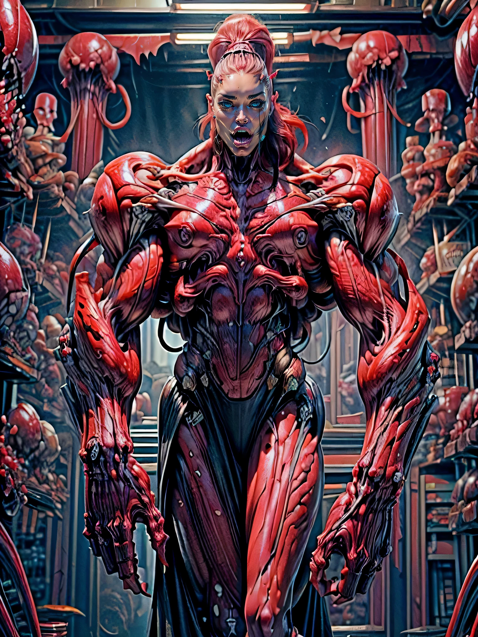(1 girl), (megan fox:1.25), (long red hair), (carnage skinless physique:1.25), (1 super muscular undead skinless succubus with gigantic horns:1.25), (covered in red necrotic rotting skinless muscle:1.25), (exposed muscles & veins everywhere:1.25), (perfect fingers:1.25),(8k, RAW photo, photorealistic:1.25), dark horrific scary atmosphere, hellish landscape, Hellraiser like atmosphere,