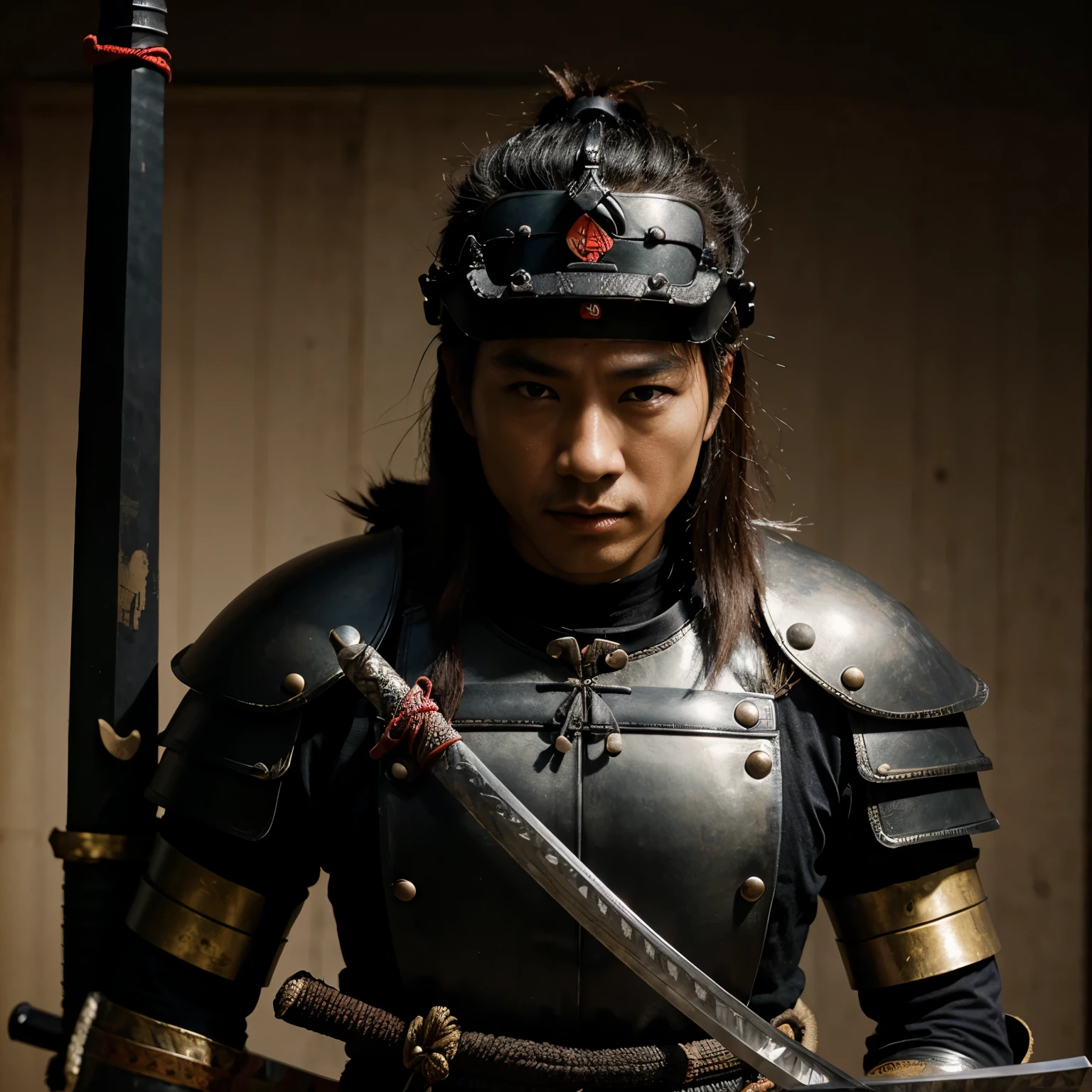 Samurai with a sword, katana, hyperrealism, samurai armor and helmet, 