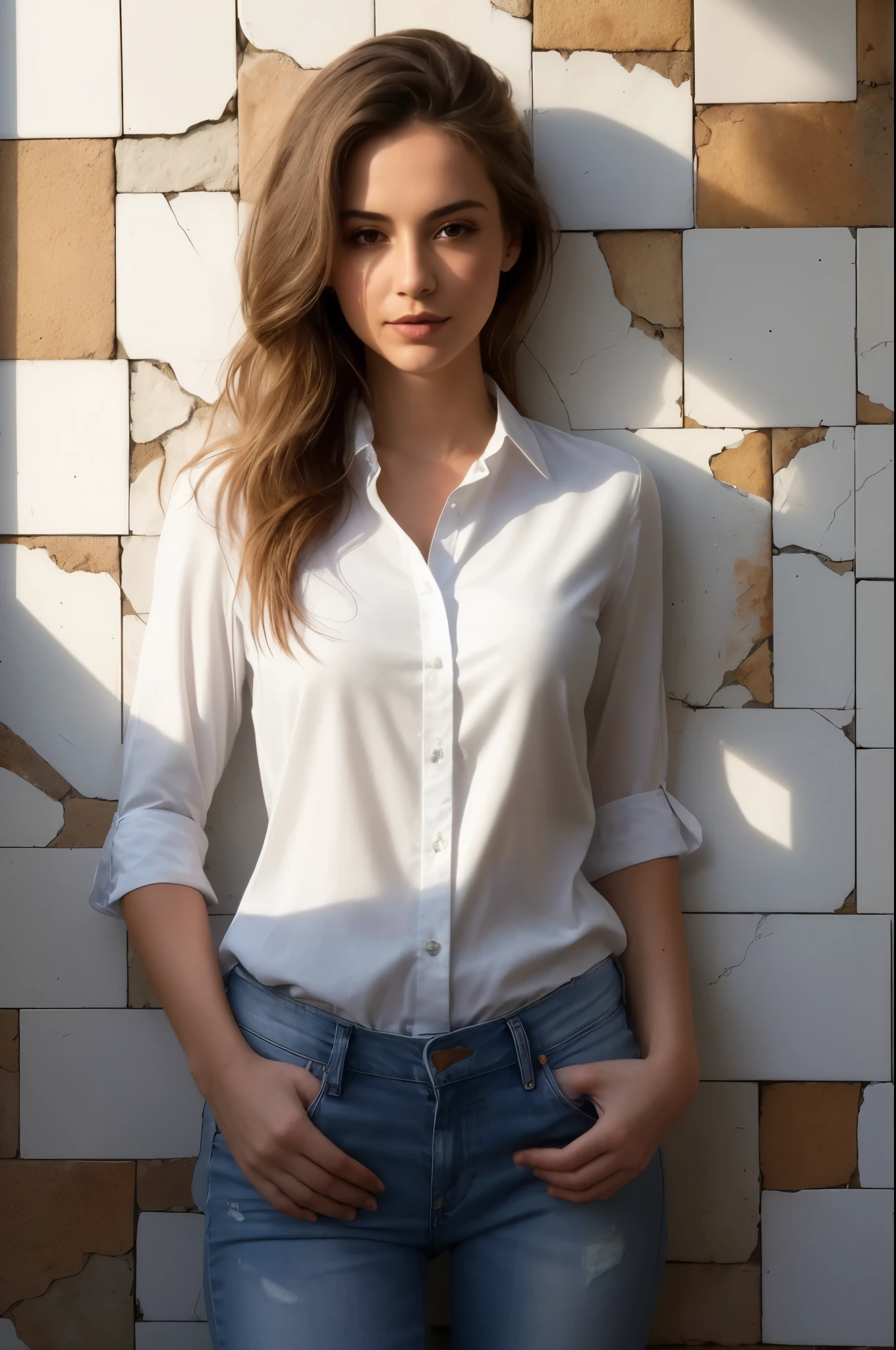 arafed woman in Camisa blanca and jeans leaning against a wall, clothed in Camisa blanca, Camisa blanca and jeans, wearing Camisa blanca, vistiendo una camisa blanca con botones, wearing a Camisa blanca, Camisa blanca and blue jeans, fine Camisa blanca, Camisa blanca, usando una camisa ligera, foto de modelo chica delgada, usando una blusa blanca, usando una blusa