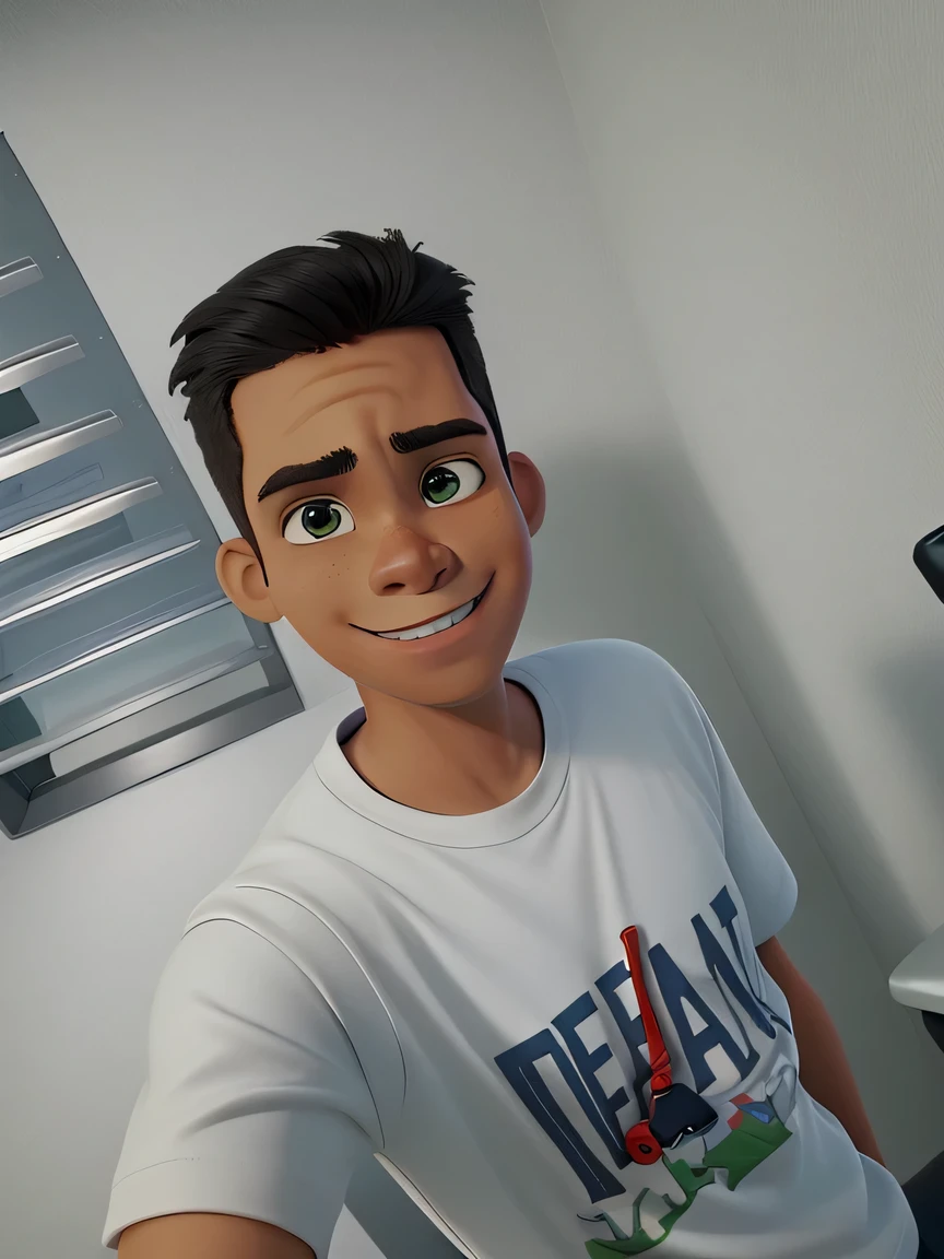 There's a man who's taking a selfie in an office, foto em cartoon, 18 anos de idade, frontal, musculoso.