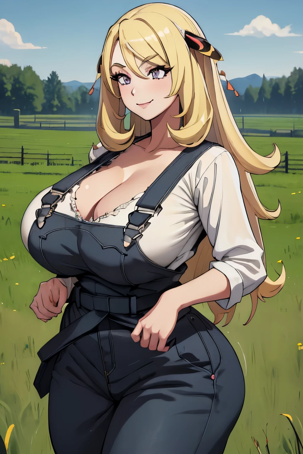 masterpiece, best quality, 1girl, solo, cynthia, blond hair, smile, huge breasts, cleavage, overalls, white shirt, farm, field, wooden fence, curvy, hair ornaments, bursting breasts, undersized clothes