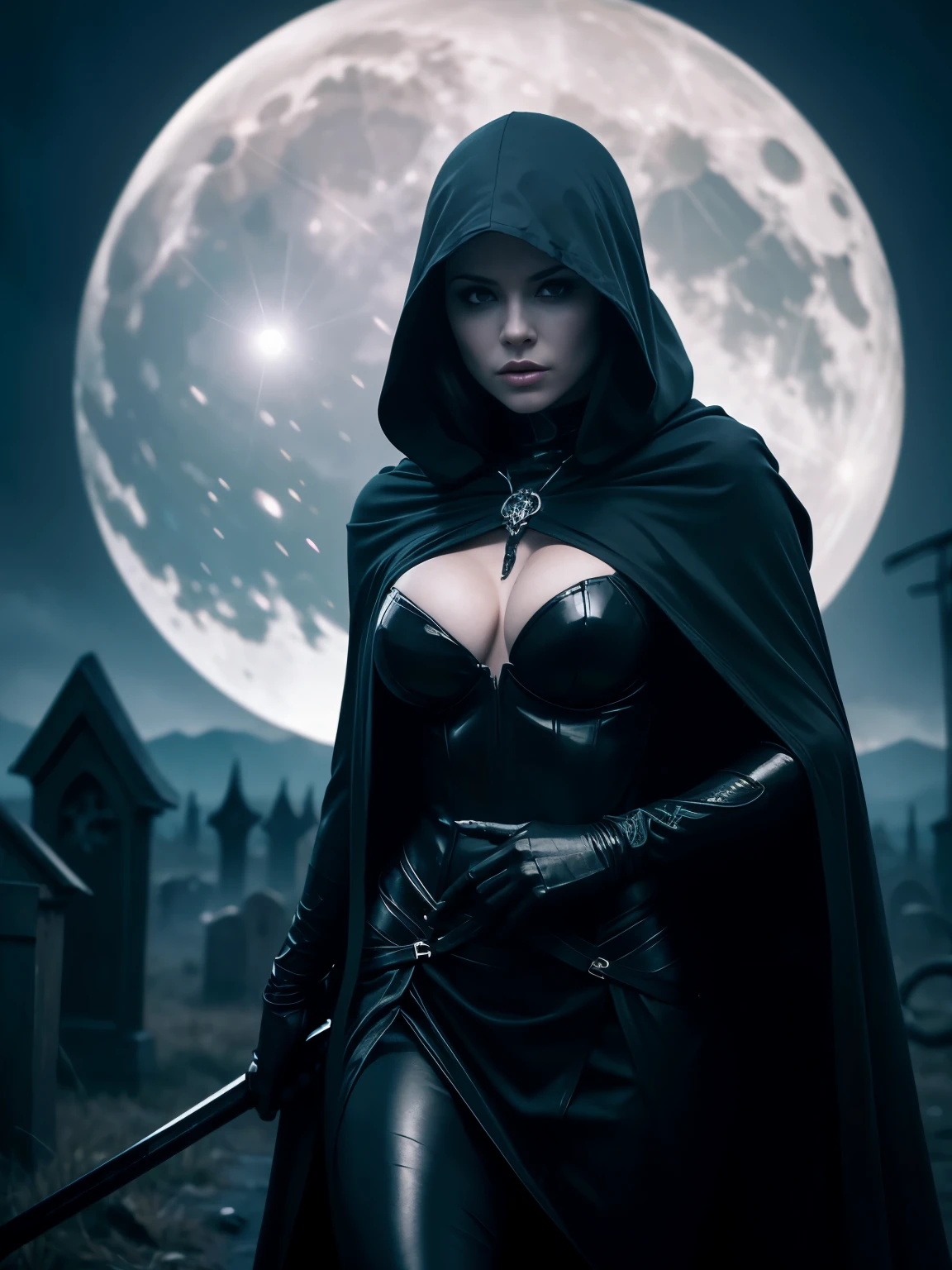 An ultra hot gorgeous European woman, age 23, long blonde detailed curly hair, full body shot, athletic build, hourglass figure, Queen of Death, black robes, sexy black outfit, grim reaper, exterior graveyard, surrounded by ones and skulls, black hood, hooded figure, make it look like a fantasy novel where she is the queen of death ruling over her subjects with a serious manner, gorgeous woman, woman, creepy but attractive, unnatural aura, sexy monsters, getting fucked by the grim reaper, with the grim reaper. Dramatic cinematic lighting m, horror movie scene, backlight. ((Full moon night))