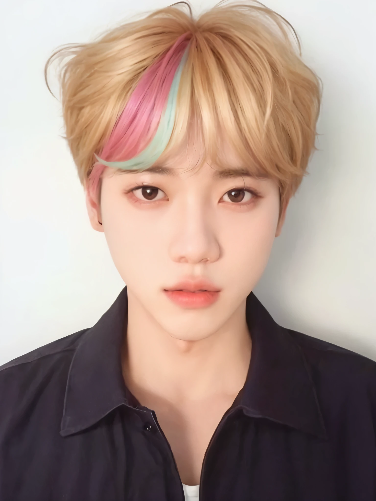 um close de uma pessoa com cabelo colorido e camisa preta, Jimin, park Jimin, Kim Doyoung, Jimin\the right eyelid is swollen, Jimin\the full lips, accurate Jimin face, Jung Jaehyun, hyung tae, Yanjun Chengt, Jimin\o nariz grego, taejune kim, Jungkook, cai xukun