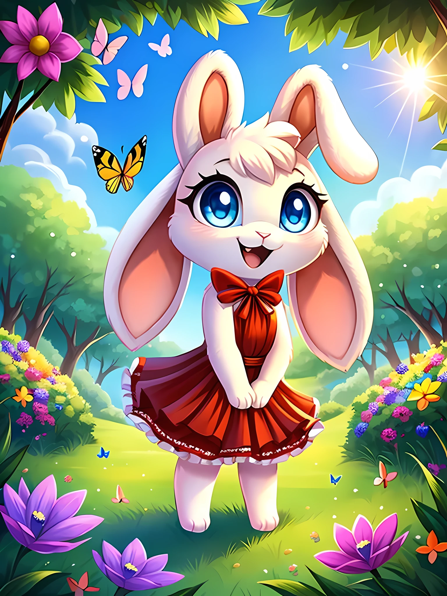 zoomed out image, ((solo character)), cute style art, fantasy style art, cute, adorable, short character, small, tiny little fluffy female white bunny with blue eyes, 4 ears, 2 extra ears, big floppy ears, long ears, ears perked up, raised ears, long eyelashes, poofy rabbit tail, wearing a red frilly ribbon dress, smiling, standing in a colorful fantasy forest, soft tones, big expressive smile, open mouth, wide eyes, excited eyes, excited face, stunning visuals, sunlight coming through the trees, flowers scattered in the bushes, butterflies in the air, digital illustration