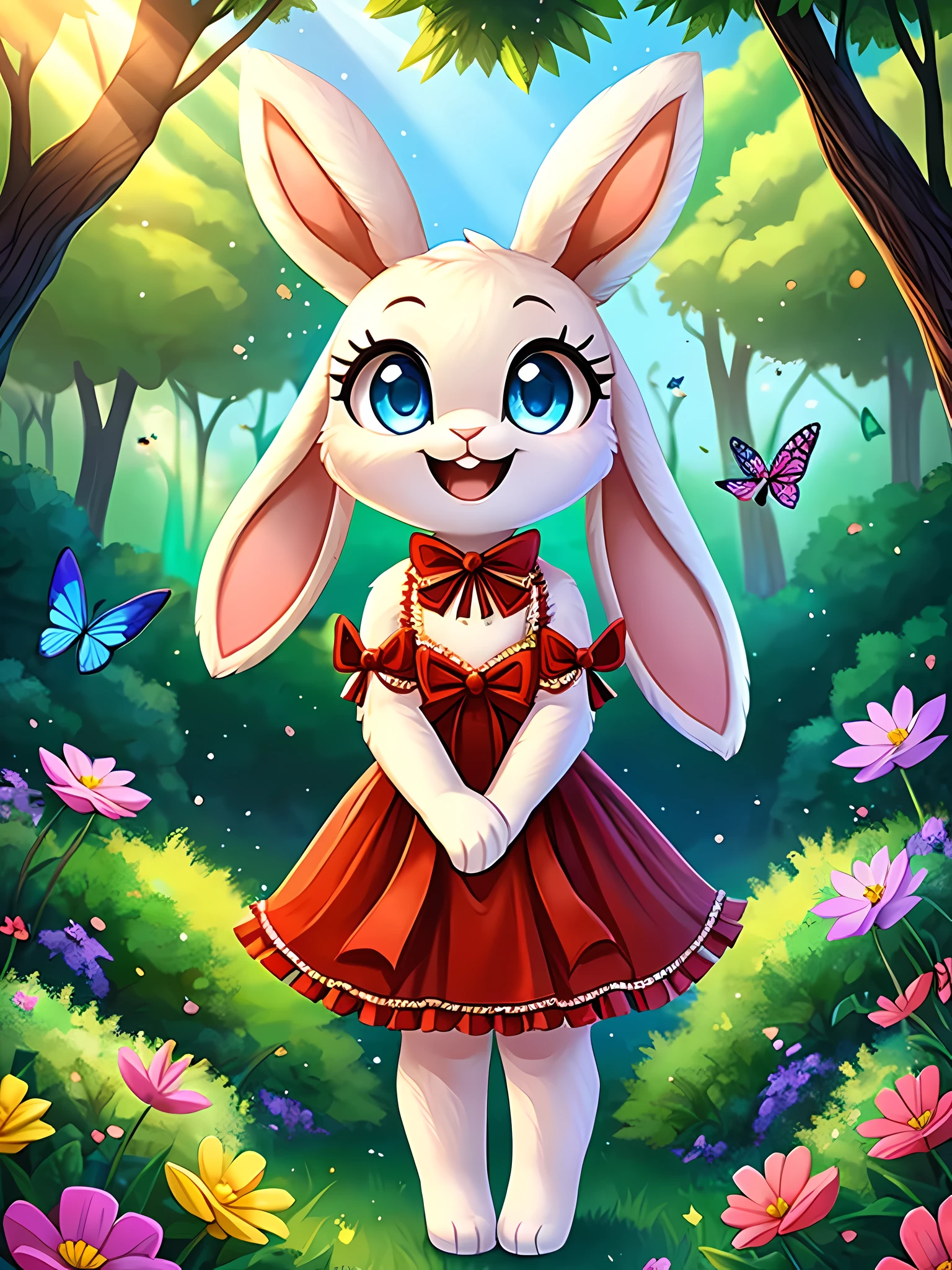 zoomed out image, ((solo character)), cute style art, fantasy style art, cute, adorable, short character, small, tiny little fluffy female white bunny with blue eyes, 4 ears, 2 extra ears, big floppy ears, long ears, ears perked up, raised ears, long eyelashes, poofy rabbit tail, wearing a red frilly ribbon dress, smiling, standing in a colorful fantasy forest, soft tones, big expressive smile, open mouth, wide eyes, excited eyes, excited face, stunning visuals, sunlight coming through the trees, flowers scattered in the bushes, butterflies in the air, digital illustration
