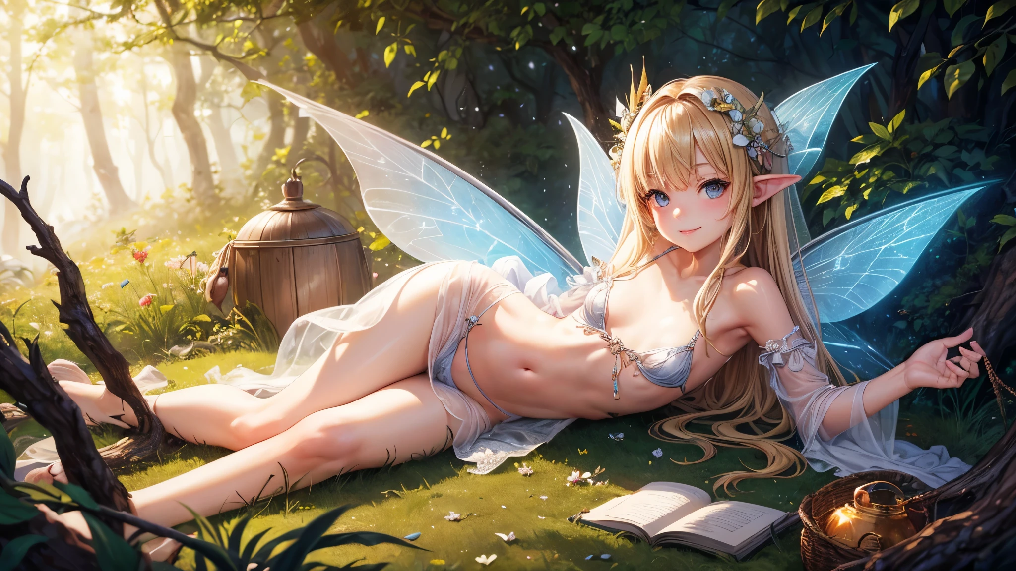 fullnuse, ( Absurd, High quality, ultra-detailed, masterpiece, concept art, smooth, highly detailed artwork, hyper-realistic painting ) , young, tiny , allured, cute, whole body, Romantic, Vivid, dreamy, fantasy, (no bra), fairy wings, in the forest, enchanting glow, very detailed art, no panties, perky niples, charming smile, love, transparent negligee, blonde , young girl, (small breasts:1.3), (skinny girl), stylish fairy city, no panties