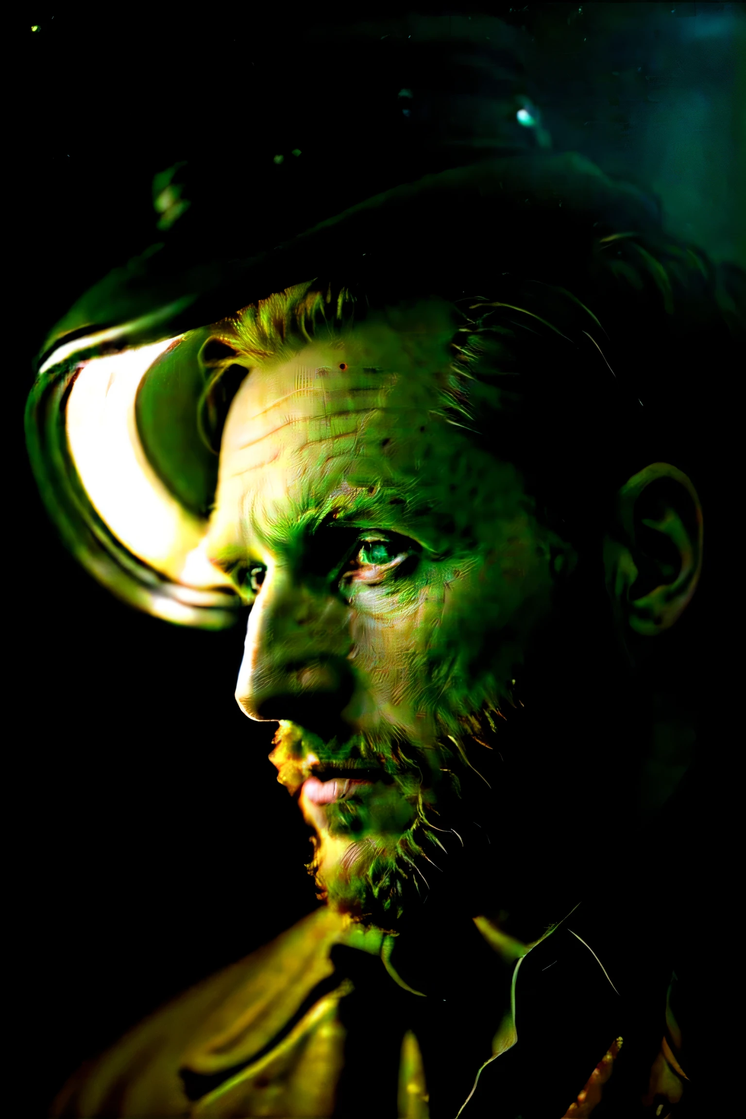 portrait from an award-winning photo of Van Gogh posing in a dark studio, (rim lighting,:1.4) Two-tone lighting, sharp focus, tom verde-azulado, Octano, irreal, mal iluminado, sutil,