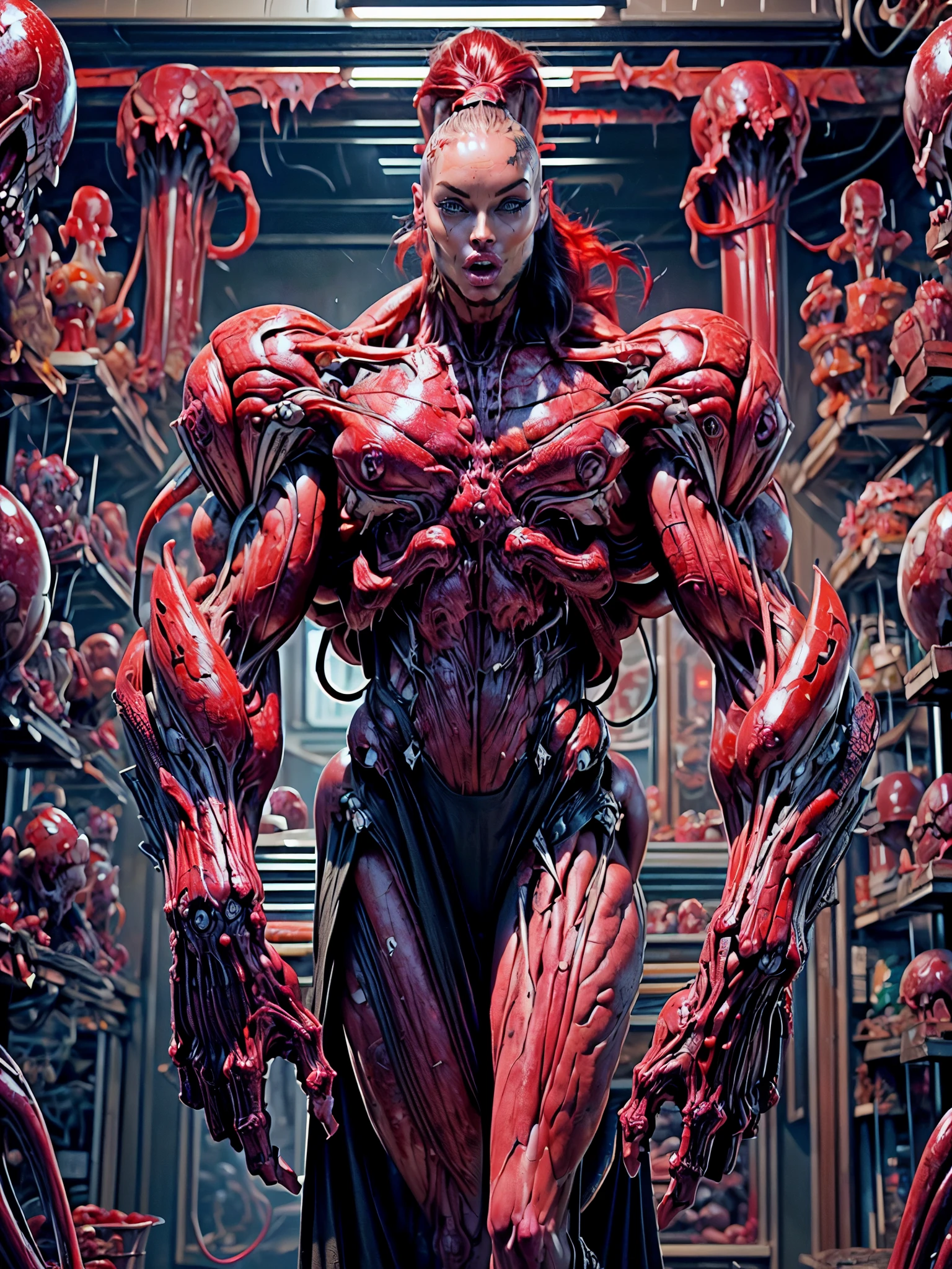 (1 girl), (megan fox:1.25), (long red hair), (carnage skinless physique:1.25), (1 super muscular undead skinless succubus with gigantic horns:1.25), (covered in red necrotic rotting skinless muscle:1.25), (exposed muscles & veins everywhere:1.25), (perfect fingers:1.25),(8k, RAW photo, photorealistic:1.25), dark horrific scary atmosphere, hellish landscape, Hellraiser like atmosphere,