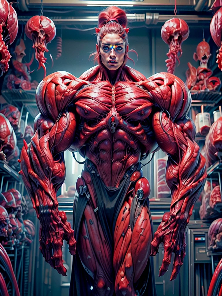 (1 girl), (megan fox:1.25), (long red hair), (carnage skinless physique:1.25), (1 super muscular undead skinless succubus with gigantic horns:1.25), (covered in red necrotic rotting skinless muscle:1.25), (exposed muscles & veins everywhere:1.25), (perfect fingers:1.25),(8k, RAW photo, photorealistic:1.25), dark horrific scary atmosphere, hellish landscape, Hellraiser like atmosphere,