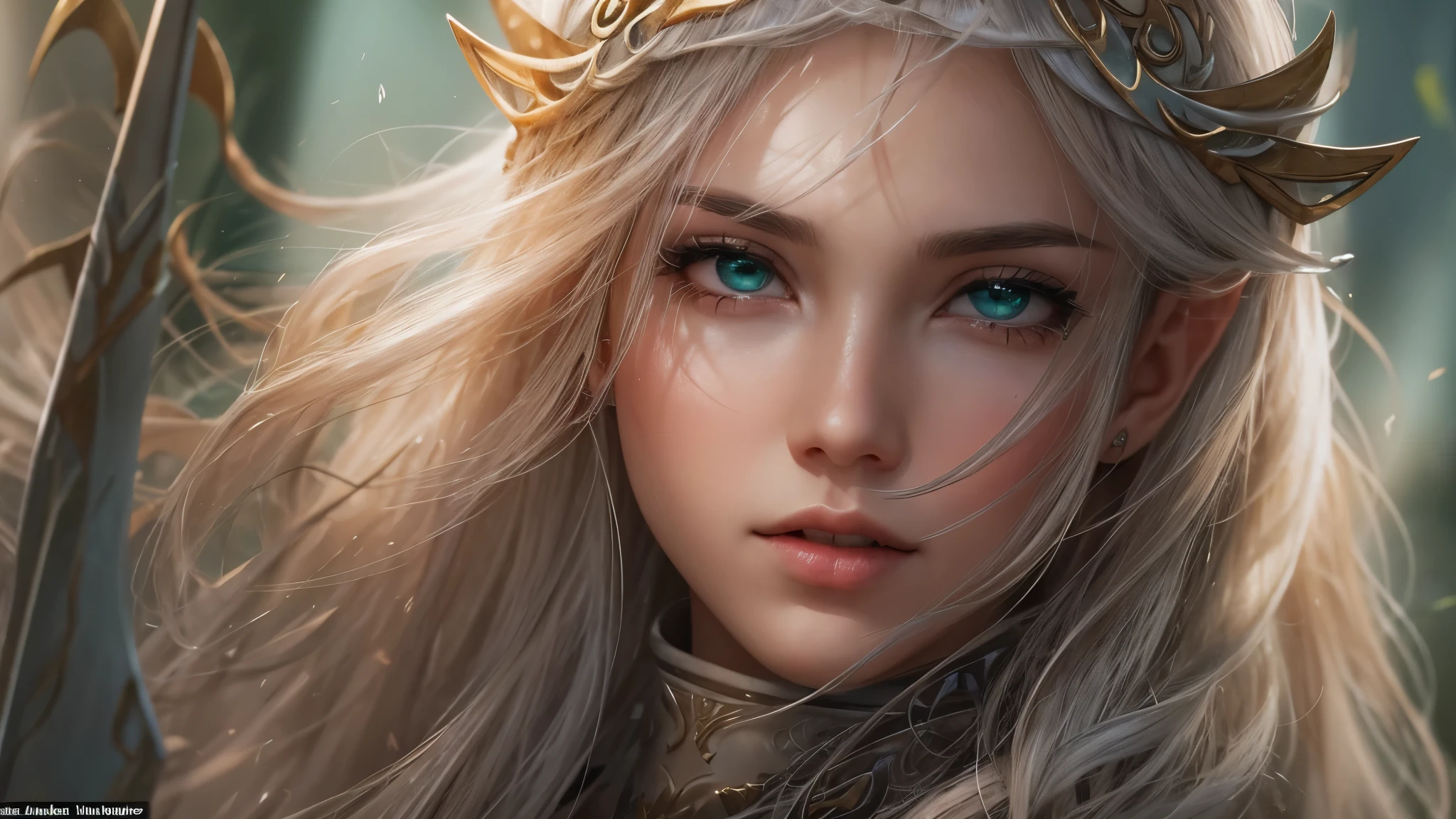 (masterpiece), 8k, best quality, panoramic view, full body, Elf, young, 17 years old, With slightly flushed white skin, subtly contrasting with her long, silvery hair that cascaded over her shoulders that seemed to shine beneath the sunlight. Her body was slender and athletic, with a height of 168cm that gave her a natural elegance. Her green eyes add a captivating touch to her face and shine with an intensity, reflecting the depth of her soul, pointed ear, detailed warrior outfit, war bow with rune writing, magical, fighting,