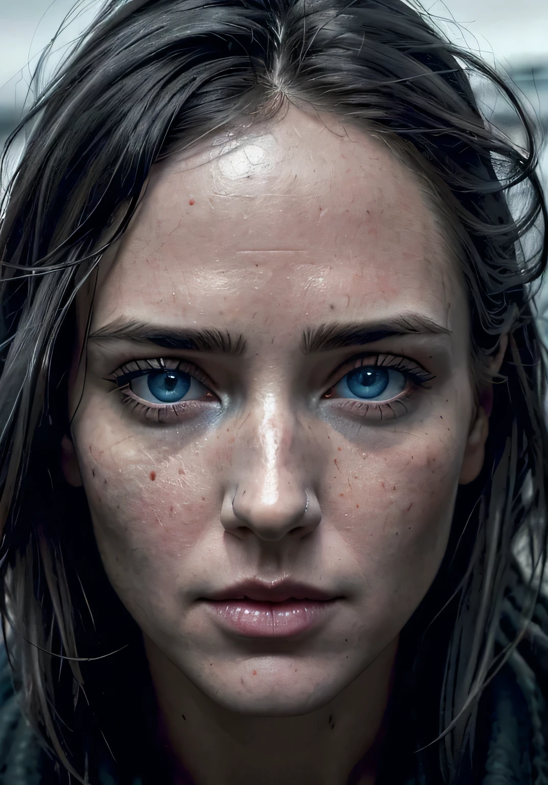 O rosto da atriz Jennifer Connelly com intensos olhos cinza claro, with wet shine on the lips. High definition. Claro com tons frios.