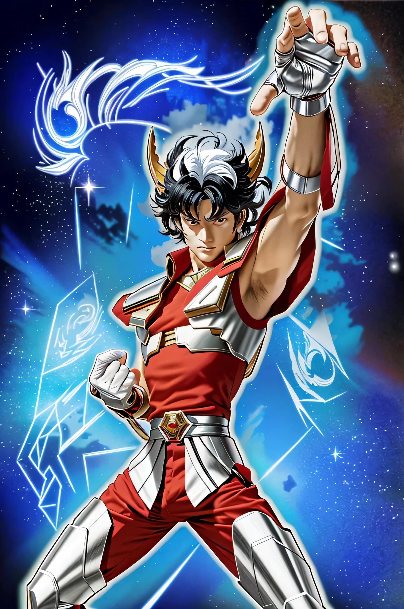 a cartoon image of a man in a red and white suit, saint seiya, unreal engine render saint seiya, official art, an epic anime of a energy man, getter robo, cel shaded anime, joseph joestar, official anime artwork, anime masterpiece, hq artwork, high detailed official artwork, gojo satoru, tokusatsu