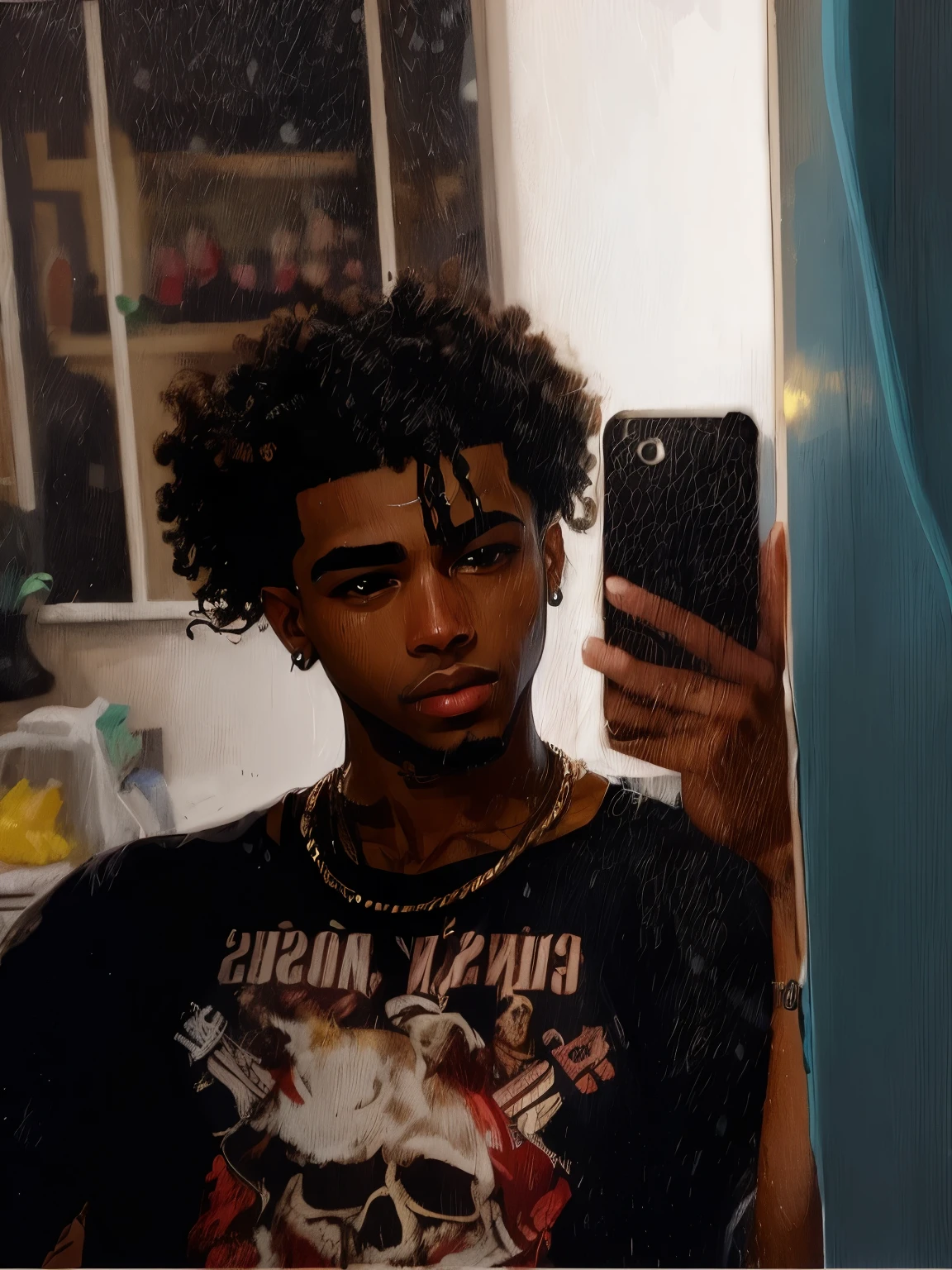there is a man taking a picture of himself in the mirror, curls on top of the head, imagem de qualidade muito baixa, highly aesthetic, Riyad Cassiem, selfie no espelho, a partir de 8k fosco, granulado de baixa qualidade, aesthetic photo, xxxtentacion, fotografia de baixa qualidade, cabelo cacheado e curto, imagem granulada pesada, granulado de baixa qualidade