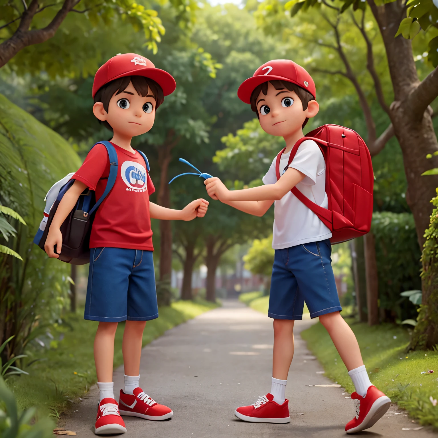 Two brothers, sete e nove anos, brancos, cabelo castanho, de camiseta branca, bermuda preta, blue sneakers, caps and red backpack, caminhando em uma floresta encantada