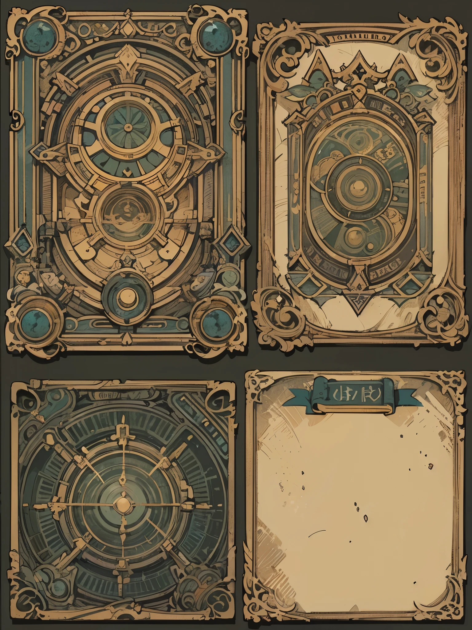 Illustration frame for card，card decoration，Previous 2/3 parts are illustration frames，Next 1/3 parts are effect text boxes，Thin border，Leave the space for illustrations blank。antique style，simple style，full of mystery，brown，Purple，UI design for Magic cards，UI design suitable for Yu-Gi-Oh card，HD，4k。