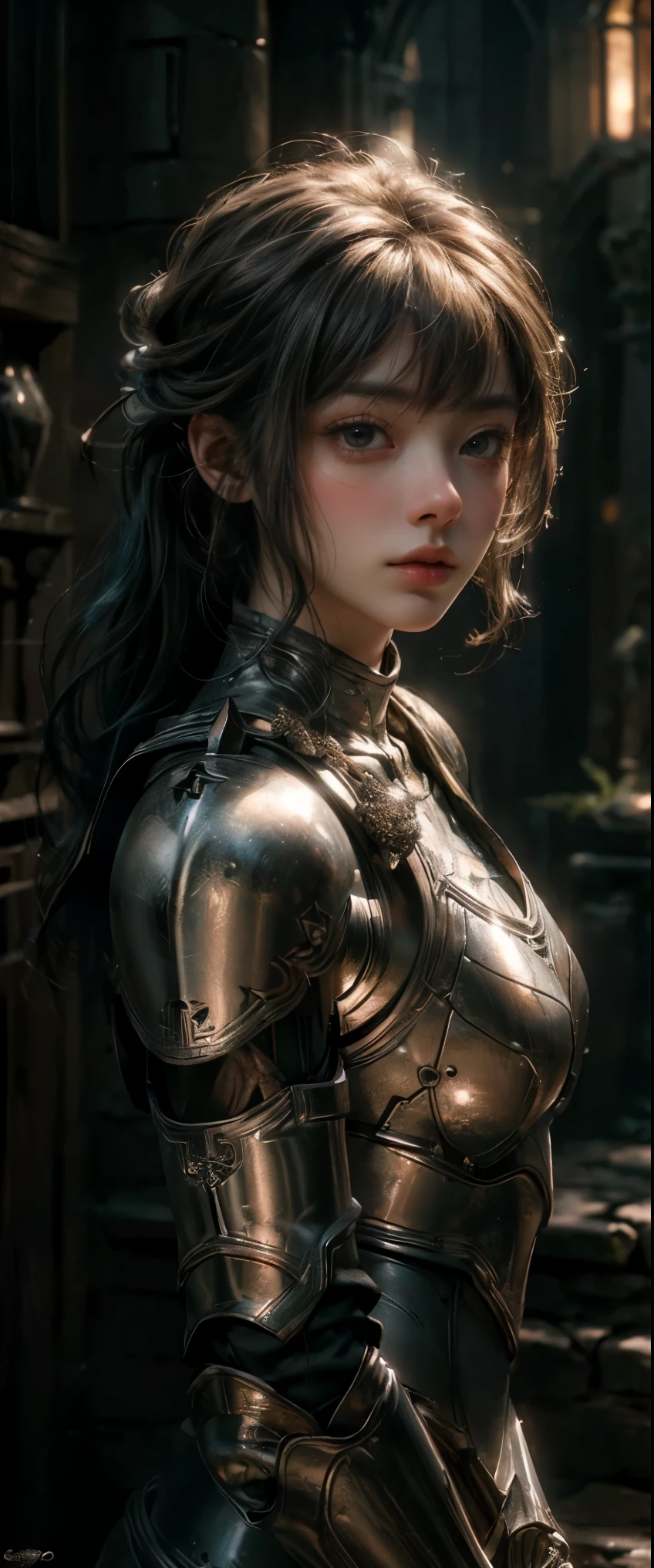 ((masterpiece, highest quality, Highest image quality, High resolution, photorealistic, Raw photo, 8K)), A medieval female knight in luminous armor, (Luminescent armor:1.3),
