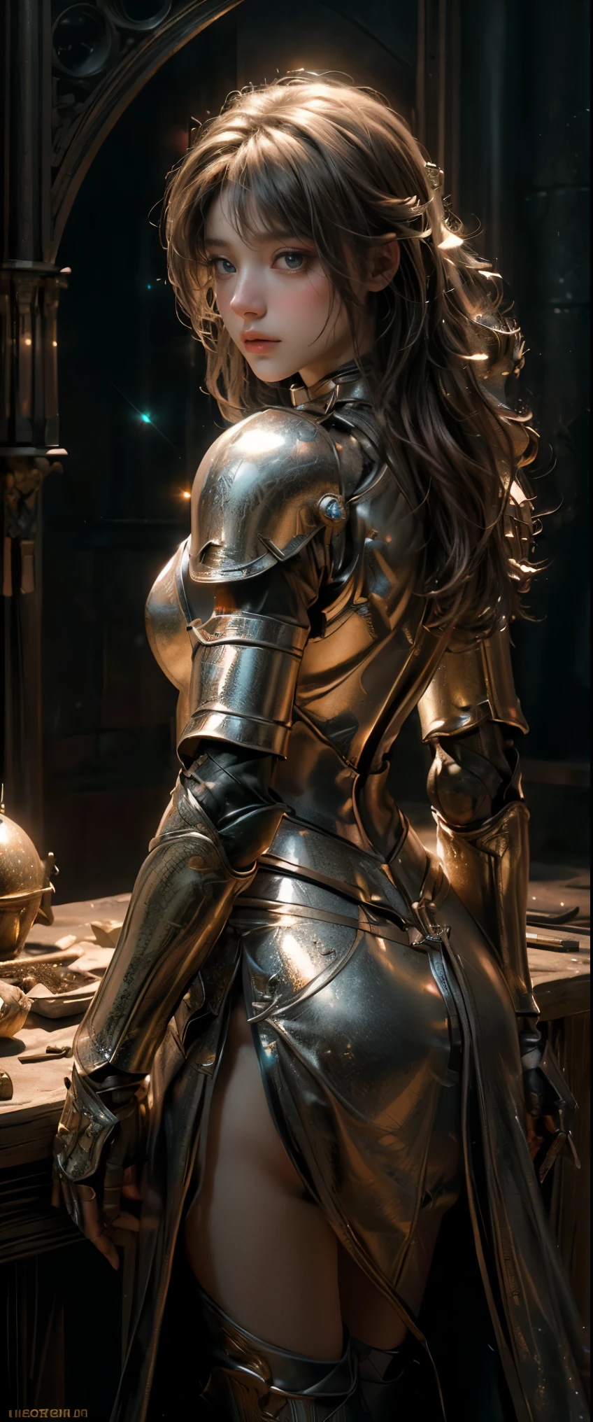 ((masterpiece, highest quality, Highest image quality, High resolution, photorealistic, Raw photo, 8K)), A medieval female knight in luminous armor, (Luminescent armor:1.3), glitter with gold,