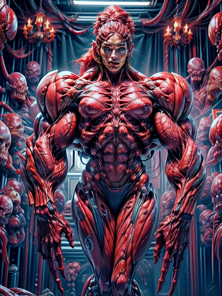(1 girl), (megan fox:1.25), (long red hair), (carnage skinless physique:1.25), (1 super muscular undead skinless succubus with gigantic horns:1.25), (covered in red necrotic rotting skinless muscle:1.25), (exposed muscles & veins everywhere:1.25), (perfect fingers:1.25),(8k, RAW photo, photorealistic:1.25), dark horrific scary atmosphere, hellish landscape, Hellraiser like atmosphere,
