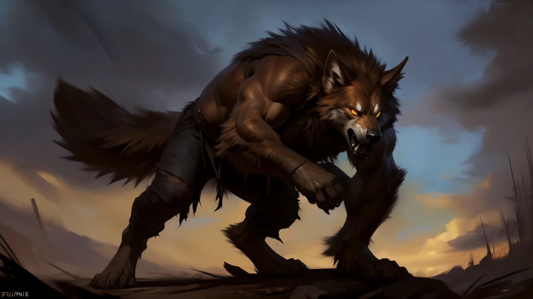 (by Taran fiddler), (by Chunie), (by Darkgem), werewolf, ginger fur, male, shaggy fur, yellow eyes, sharp teeth, wolf tail, shredded clothes, standing in shadow, panting, silhouette, glowing eyes