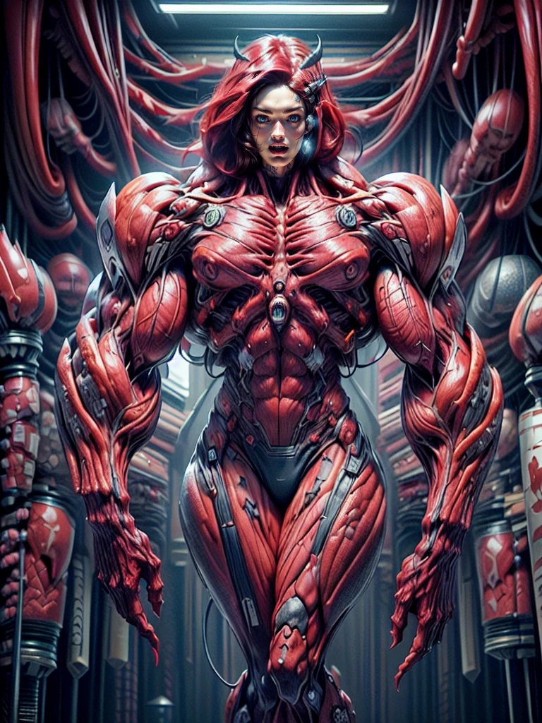 (1 girl), (megan fox:1.25), (long red hair), (carnage skinless physique:1.25), (1 super muscular undead skinless succubus with gigantic horns:1.25), (covered in red necrotic rotting skinless muscle:1.25), (exposed muscles & veins everywhere:1.25), (perfect fingers:1.25),(8k, RAW photo, photorealistic:1.25), dark horrific scary atmosphere, hellish landscape, Hellraiser like atmosphere,