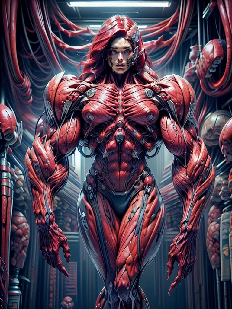 (1 girl), (megan fox:1.25), (long red hair), (carnage skinless physique:1.25), (1 super muscular undead skinless succubus with gigantic horns:1.25), (covered in red necrotic rotting skinless muscle:1.25), (exposed muscles & veins everywhere:1.25), (perfect fingers:1.25),(8k, RAW photo, photorealistic:1.25), dark horrific scary atmosphere, hellish landscape, Hellraiser like atmosphere,