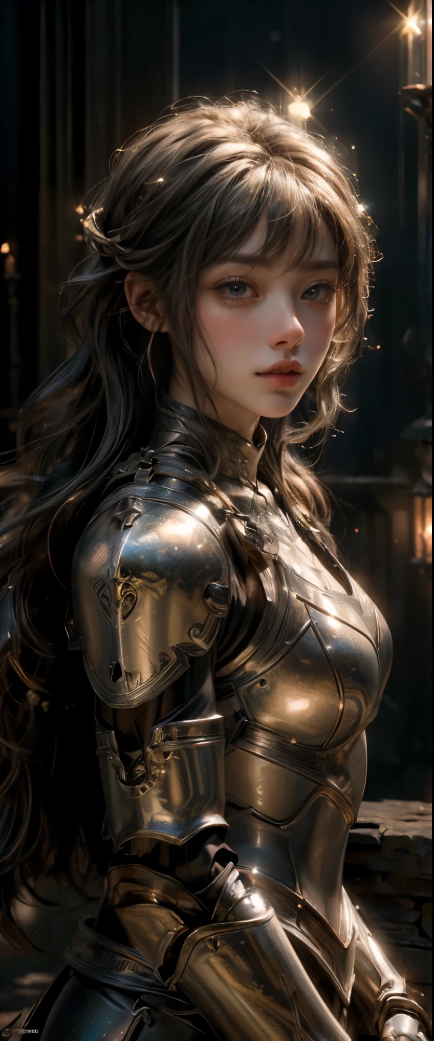 ((masterpiece, highest quality, Highest image quality, High resolution, photorealistic, Raw photo, 8K)), A medieval female knight in luminous armor, (Luminescent armor:1.3), glitter with gold,