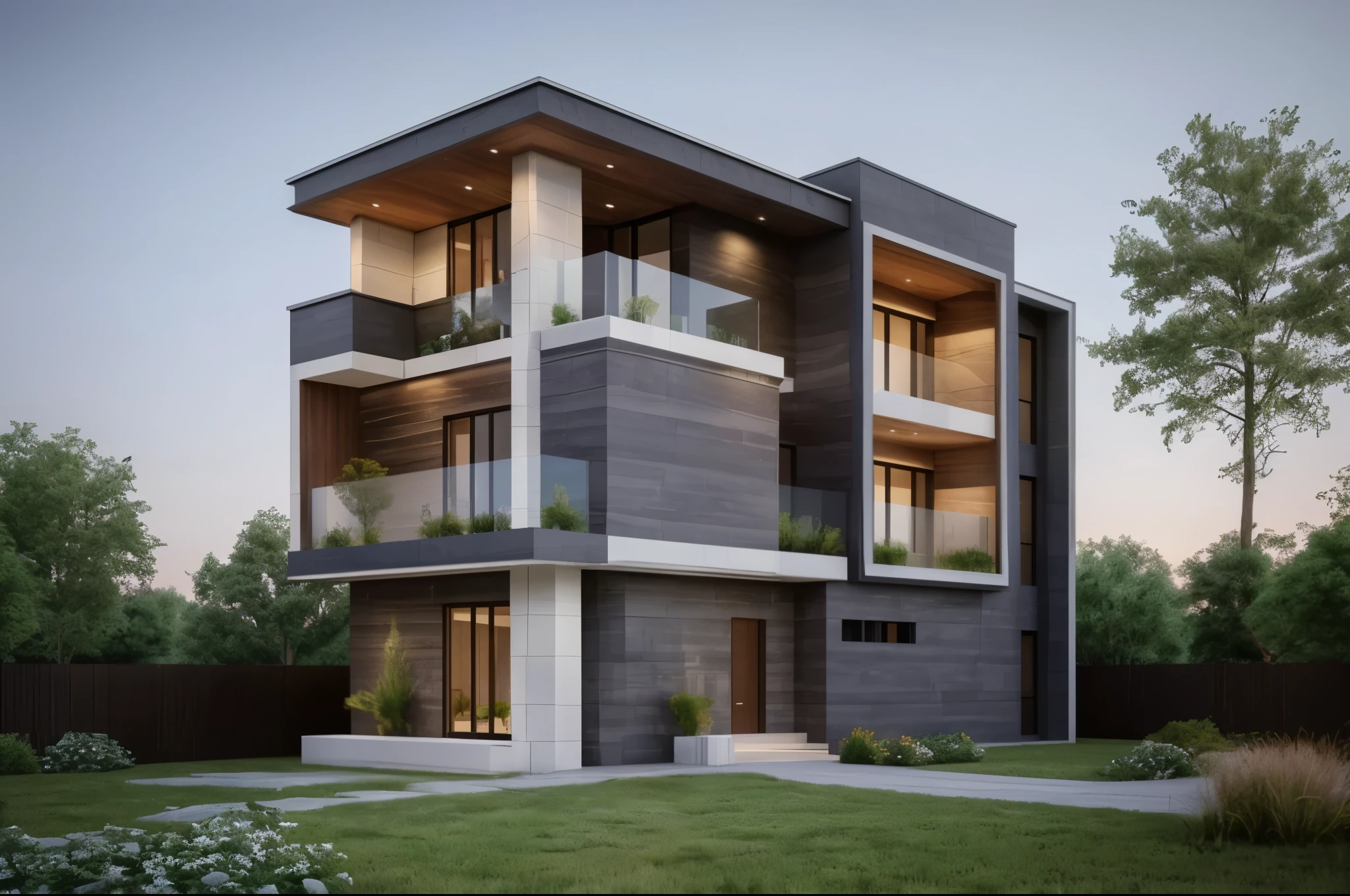 (masterpiece),(high quality), best quality, real,(realistic), super detailed, (full detail),(4k),8k,modern house exterior design,Modern architecture,Beautiful_sky,Day light, no_humans, outdoors,sky,tree,Garden flower front of building,