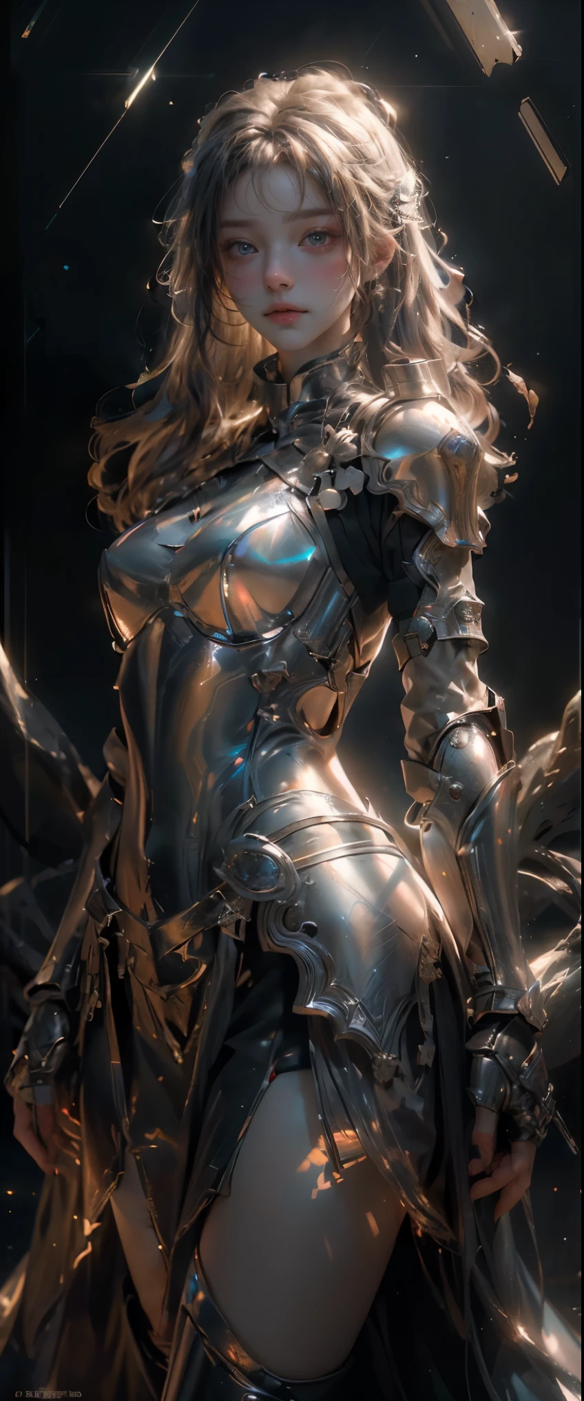 ((masterpiece, highest quality, Highest image quality, High resolution, photorealistic, Raw photo, 8K)), A medieval female knight in luminous armor, (Luminescent armor:1.3), Luminous armor illuminates the area,