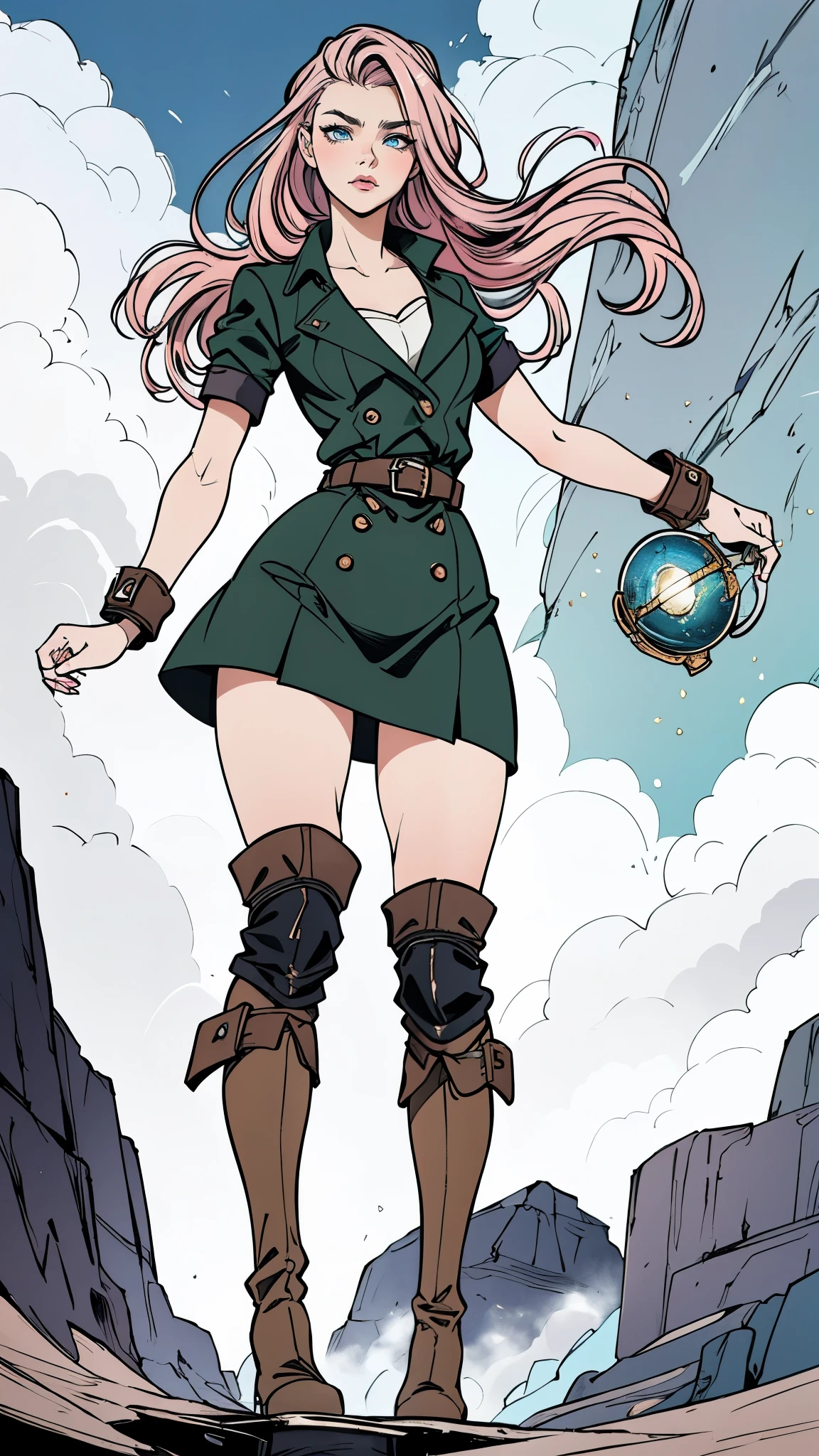 (A beautiful young girl with long curly pink hair, slender eyebrows, sparkling eyes, a bewildered expression, an oval-shapedl face with pale skin, a knee-length form-fitting leather trench coat with very short sleeves, she adorns both hands with metallic wrist guards in a sci-fi ancient civilization style, her long legs are clad in leather boots as she soars through the misty clouds), this character embodies a finely crafted fantasy-realism style western ranger in anime style, exquisite and mature manga art style, porcelain skin, perfect skin, perfect eyes, (Chloe Grace Moretz:1.2)high definition, best quality, highres, ultra-detailed, ultra-fine painting, extremely delicate, professional, anatomically correct, symmetrical face, extremely detailed eyes and face, high quality eyes, creativity, RAW photo, UHD, 32k, Natural light, cinematic lighting, masterpiece-anatomy-perfect, masterpiece:1.5