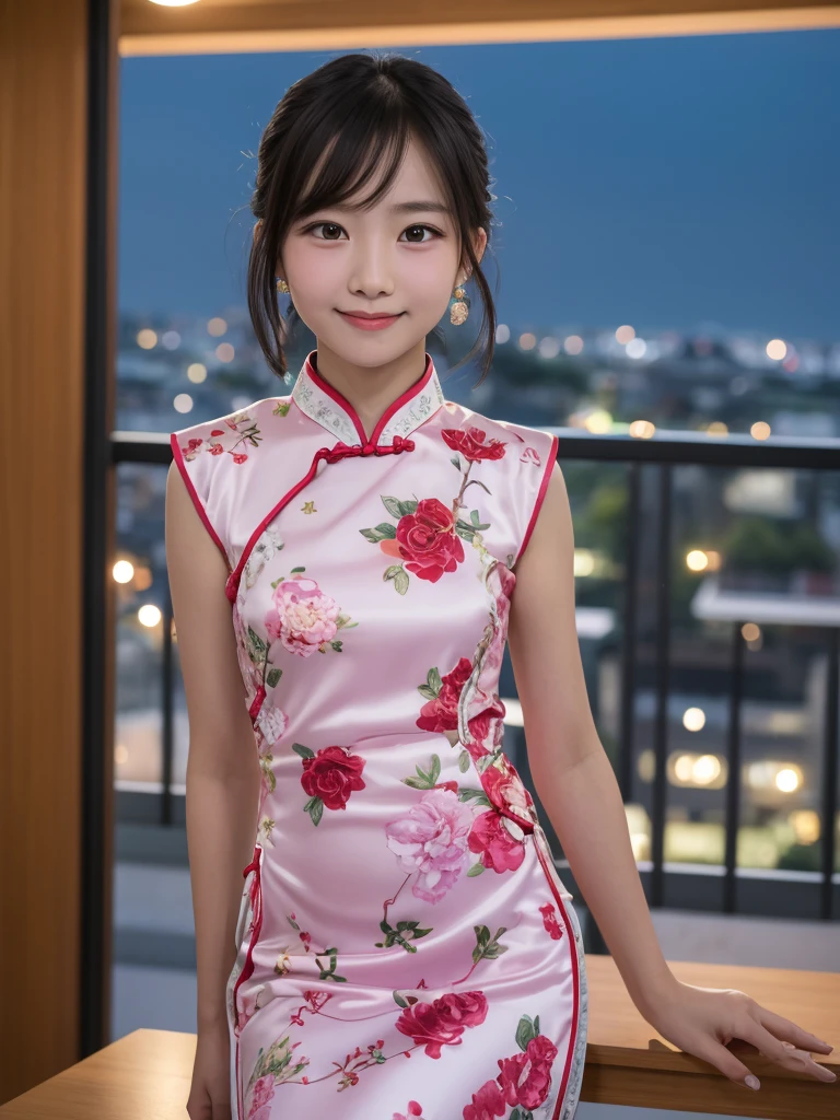table top, highest quality, 8K, 10years old student girl, Ten generations, RAW photo, absurd, award-winning portraits, smile, alone, (night:1.8), idol face, violaces, delicate girl, Upper body, Digital single-lens reflex camera, looking at the viewer, Frank, Sophisticated,thin arms, professional lighting, film grain, chromatic aberration, (Eye and face details:1.0), (Bokeh:1.1) , (qipao dress:1.2) , close your mouth