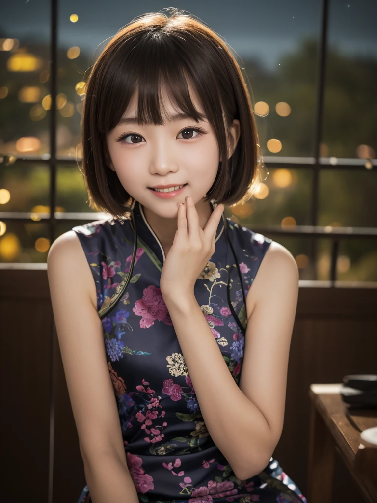 table top, highest quality, 8K, 10years old student girl, Ten generations, RAW photo, absurd, award-winning portraits, smile, alone, (night:1.8), idol face, violaces, delicate girl, Upper body, Digital single-lens reflex camera, looking at the viewer, Frank, Sophisticated,thin arms, professional lighting, film grain, chromatic aberration, (Eye and face details:1.0), (Bokeh:1.1) , (qipao dress:1.2) , close your mouth
